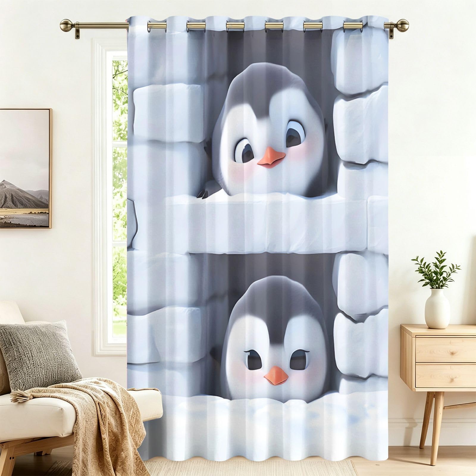 Fadaing Cute Penguin Curtains with Eyelets, 1 Piece, Room Divider Curtains, Blackout 145 x 140 cm, Blackout Thermal Curtains, Heat Insulating, Winter, Summer, Thermal Protection, Indoor Sun Protection
