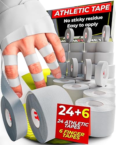 Cinta Atlética Blanca Extremadamente Fuerte 24 Rollos + Cinta de 6 Dedos. Fácil de aplicar y sin residuos pegajosos. Cinta deportiva para boxeo,