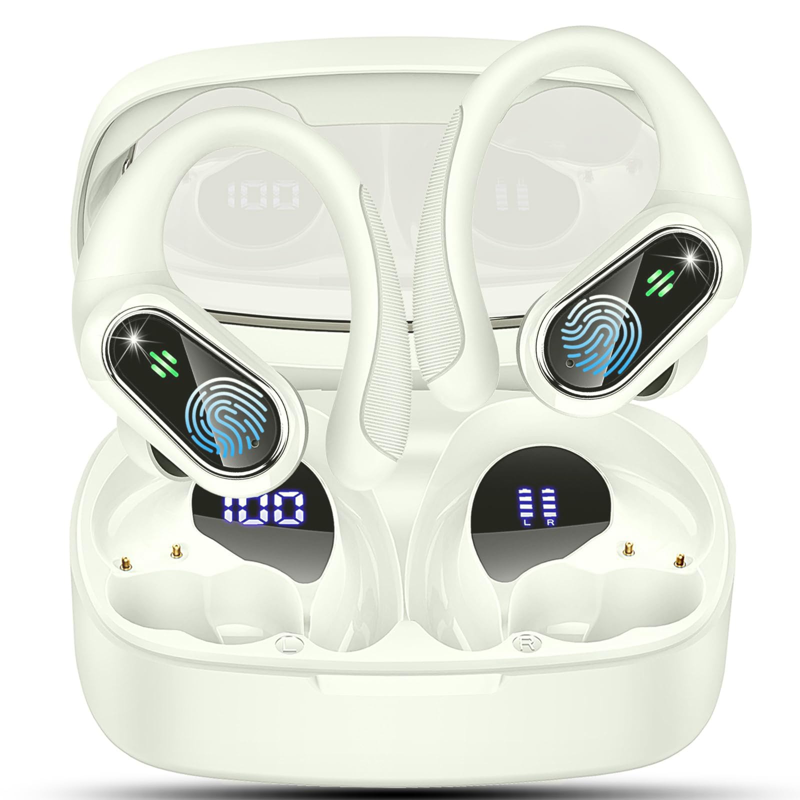 Ecouteurs Bluetooth sans Fil Sport, Oreillette Bluetooth 5.3 sans Fil avec 4 Enc Mic, Ip7 Étanche Casque avec Crochets d'oreille, 50H Écouteurs avec Écran LED, Earbuds HiFi Stereo, USB C