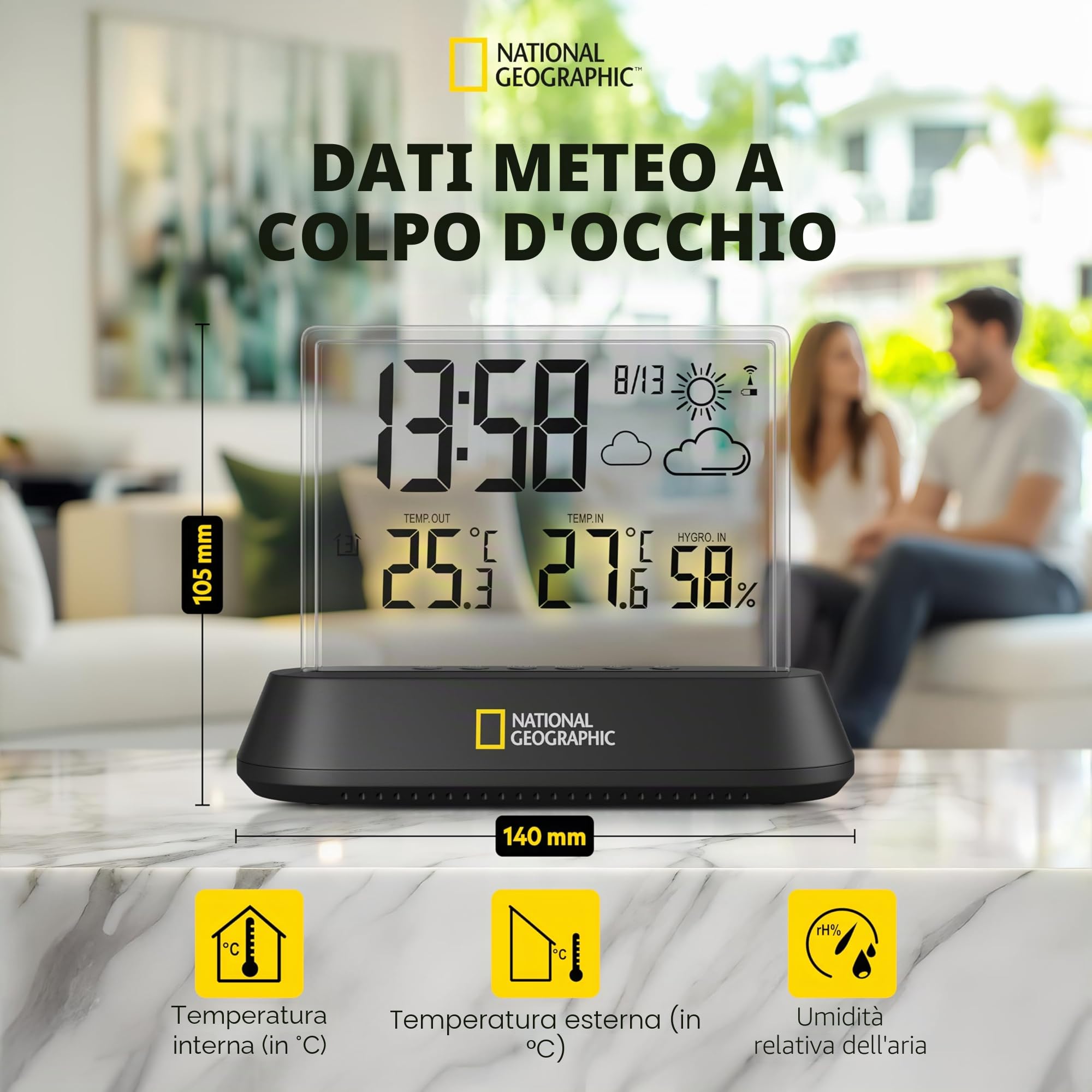 National Geographic Stazione meteorologica Radio con sensore da Esterno dal Design Trasparente con Schermo per visualizzazione dei valori di Temperatura e umidità e delle Tendenze Meteo