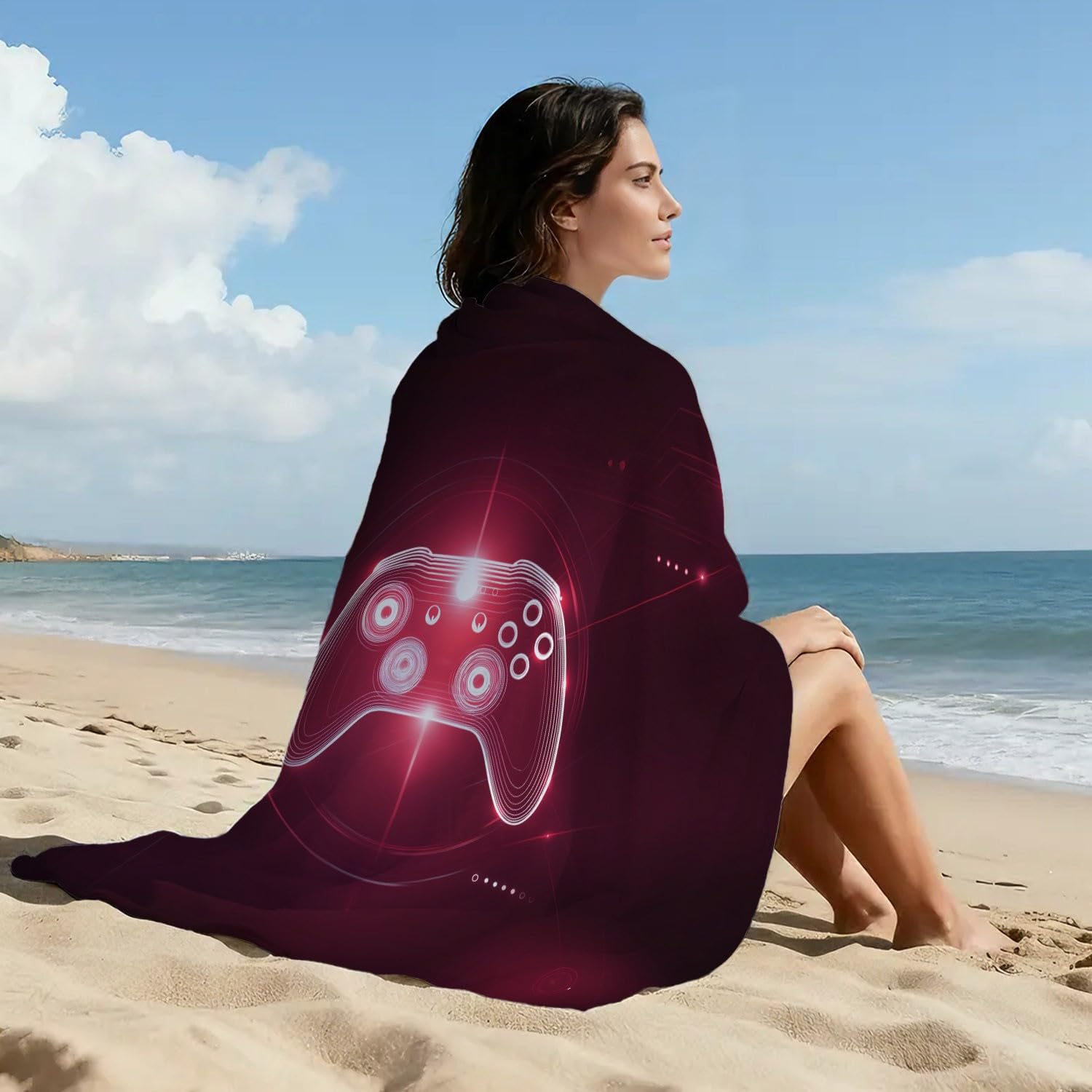 Générique Drap de Plage Anti Sable Sechage Rapide 180 cm x 160 cm Tech Futuriste Serviette de Plage Microfibre Cool Cyber Jeux Gaming Manette Punk Absorbante Super Couverture de Plage