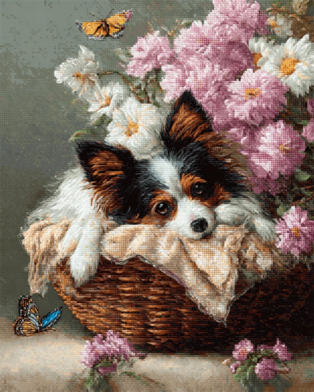 AYAOYANGGO Hunde Tiere Diy Kreuzstich-Sets Mit Perlen Papillon Im Blumenkorb Bead Embroidery Kit Kreuzstich,Nadelspitze,Handarbeit,Wandteppich-Set,Perlenstickerei-Muster,3D-Stickset 60x80cm