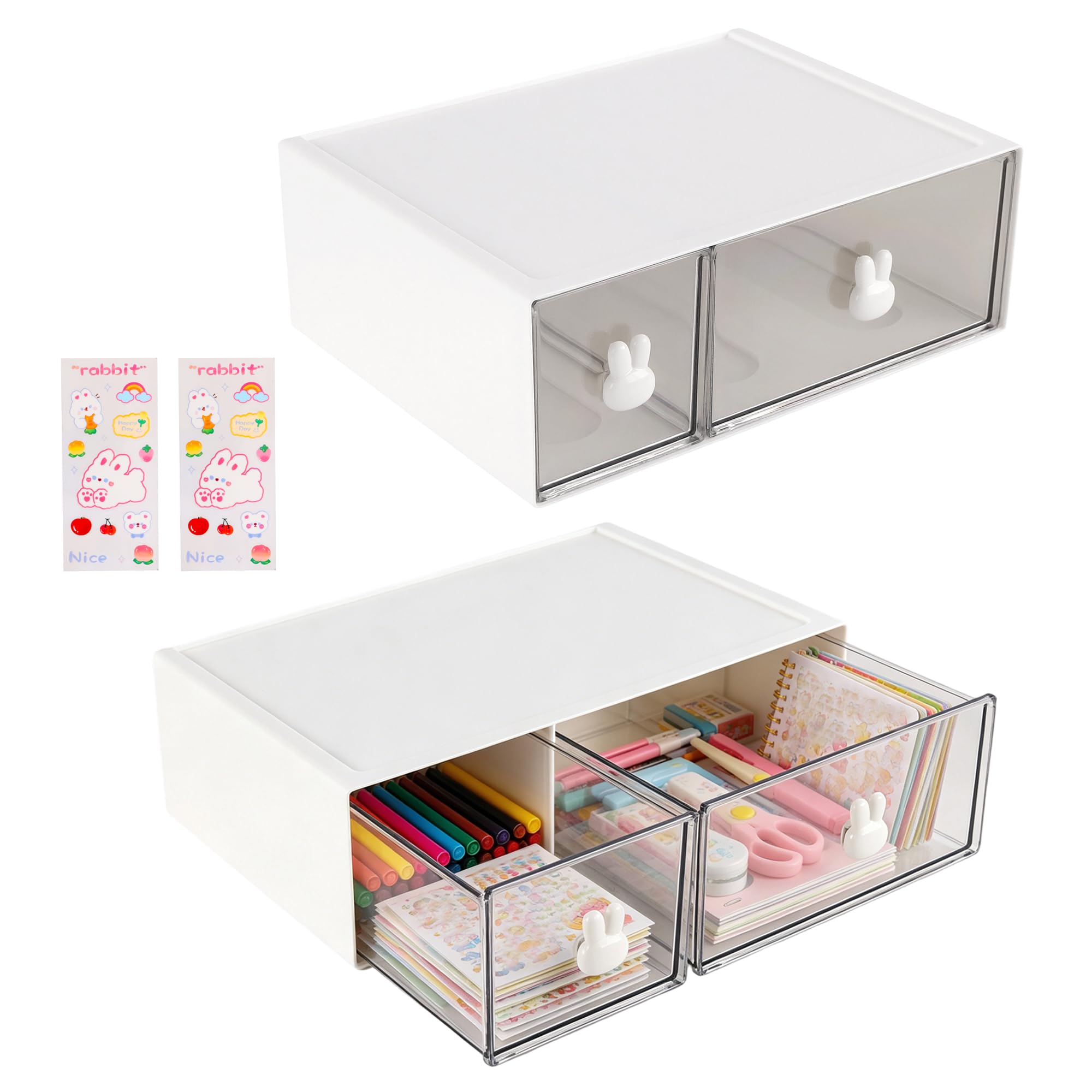 SINJEUN 2 Stück Stapelbare Teebox mit 2 Schubladen, Weiß Kunststoff Teebeutelbox mit Aufkleber, 23 x 17 x 8 cm Teebox Schubladenbox für Aufbewahrung Tee, Kaffee, Küche, Bad