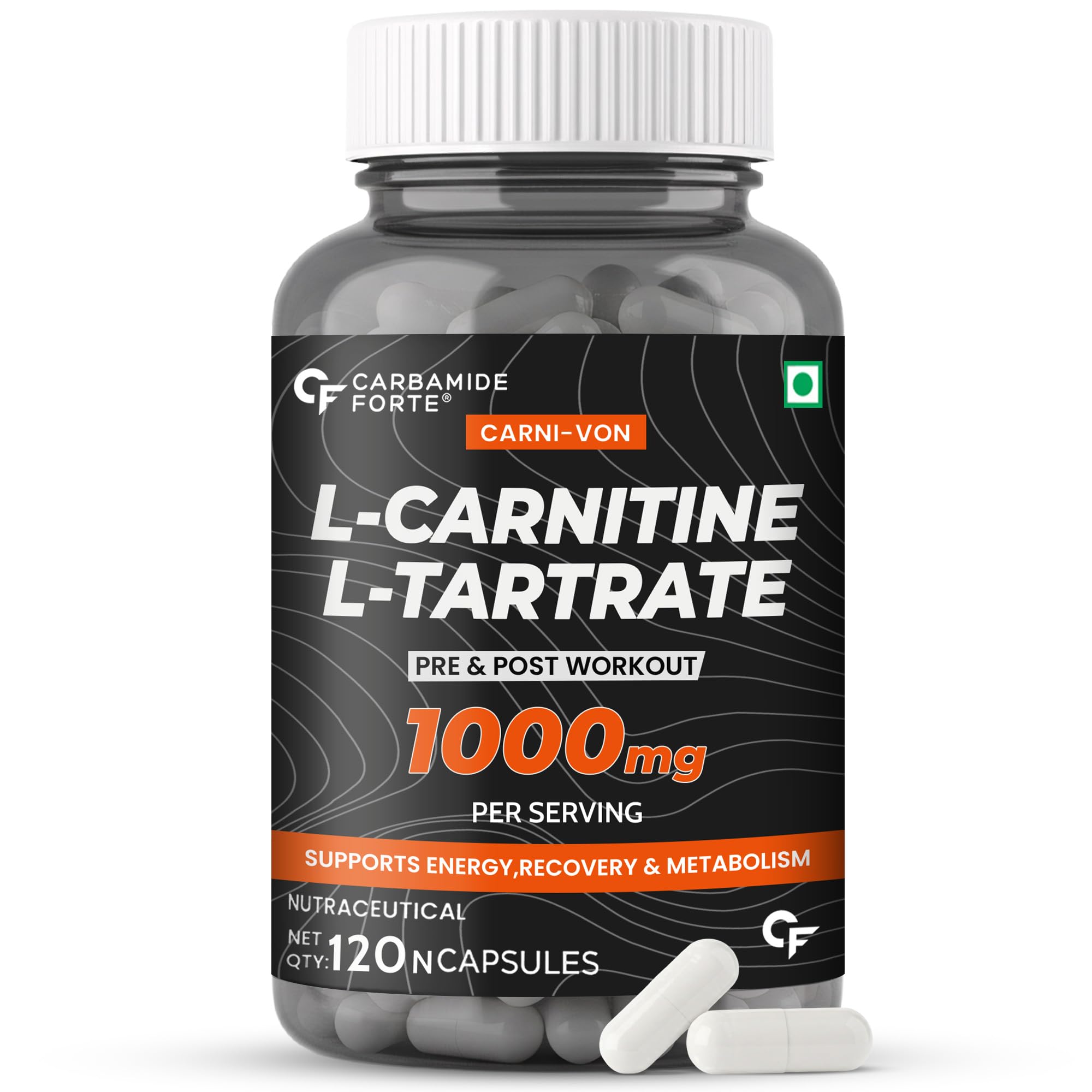 Carbamide Forte L-Carnitine L-Tartrate 1000mg Capsules for Men & Women | Pre Workout Supplement - 120 Veg Capsules