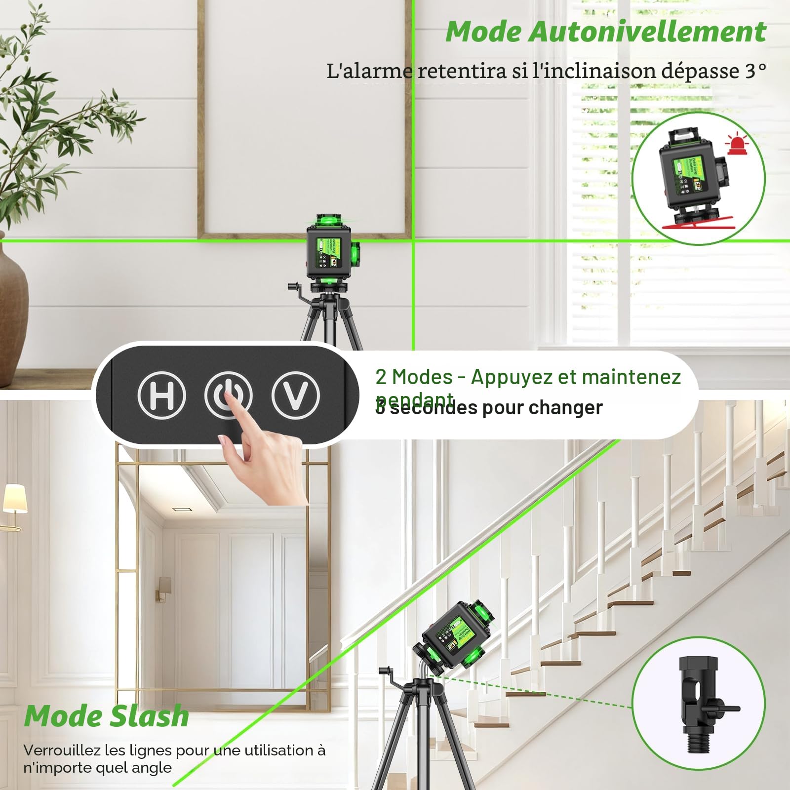 Niveau Laser avec Trepied 4 x 360°, 4D 16 Lignes Laser Chantier avec 2 x 4800mAh Batterie & Affichage LED, Niveau Laser 360 Autonivelant, APP, Télécommande, IP54 Étanche et Anti-Poussière