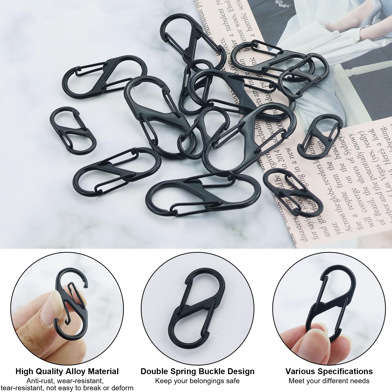 14 pezzi clip portachiavi a forma di S, moschettone piccolo, mini moschettone, nero, 30/40/50 mm, per zaini, borse, tende, sacchi a pelo, valigie, portachiavi