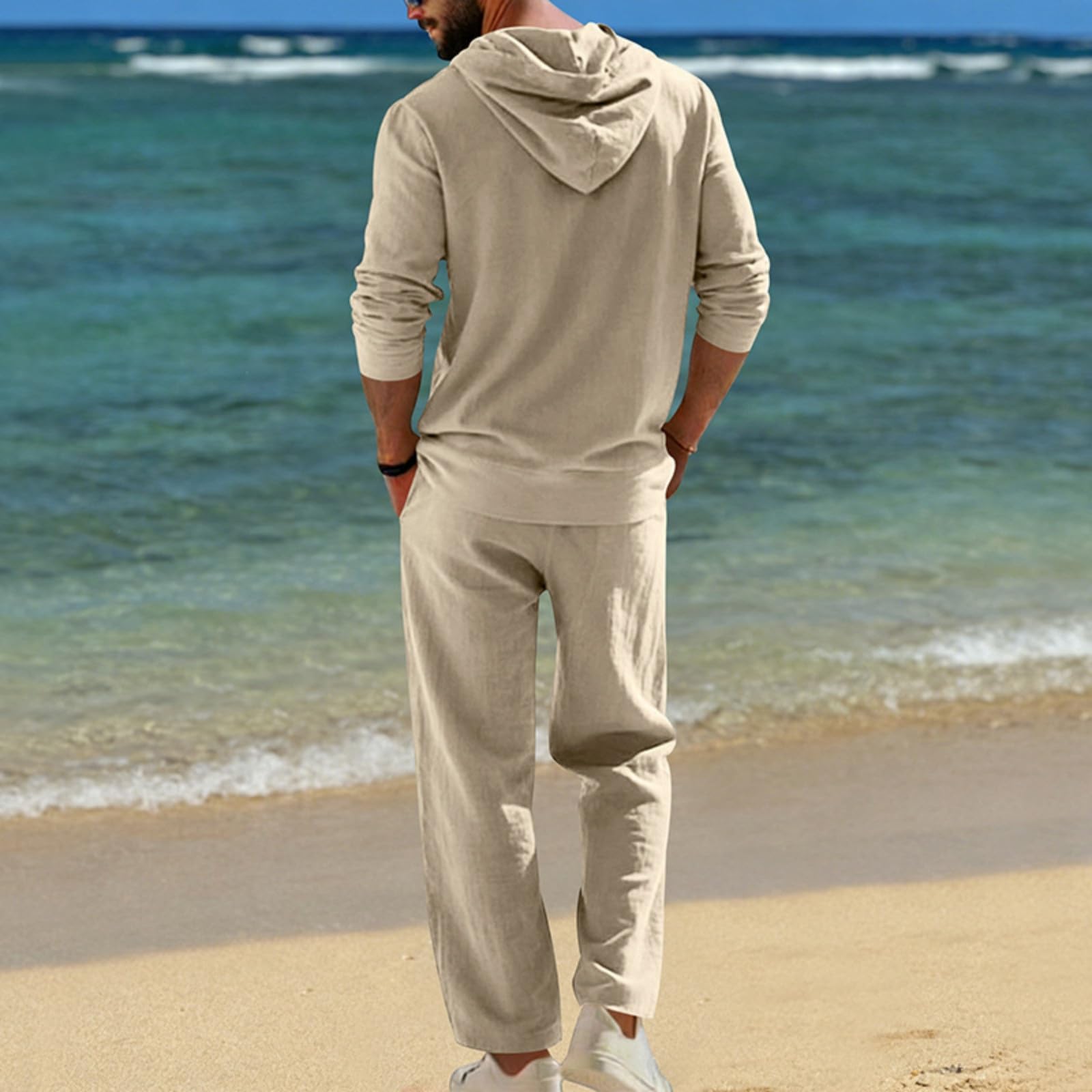 Generisch Ropa de lino para hombre, traje deportivo ligero de manga larga, sudadera de 2 piezas con capucha y pantalones de playa, traje de ocio, traje de jogging informal, chándal informal para