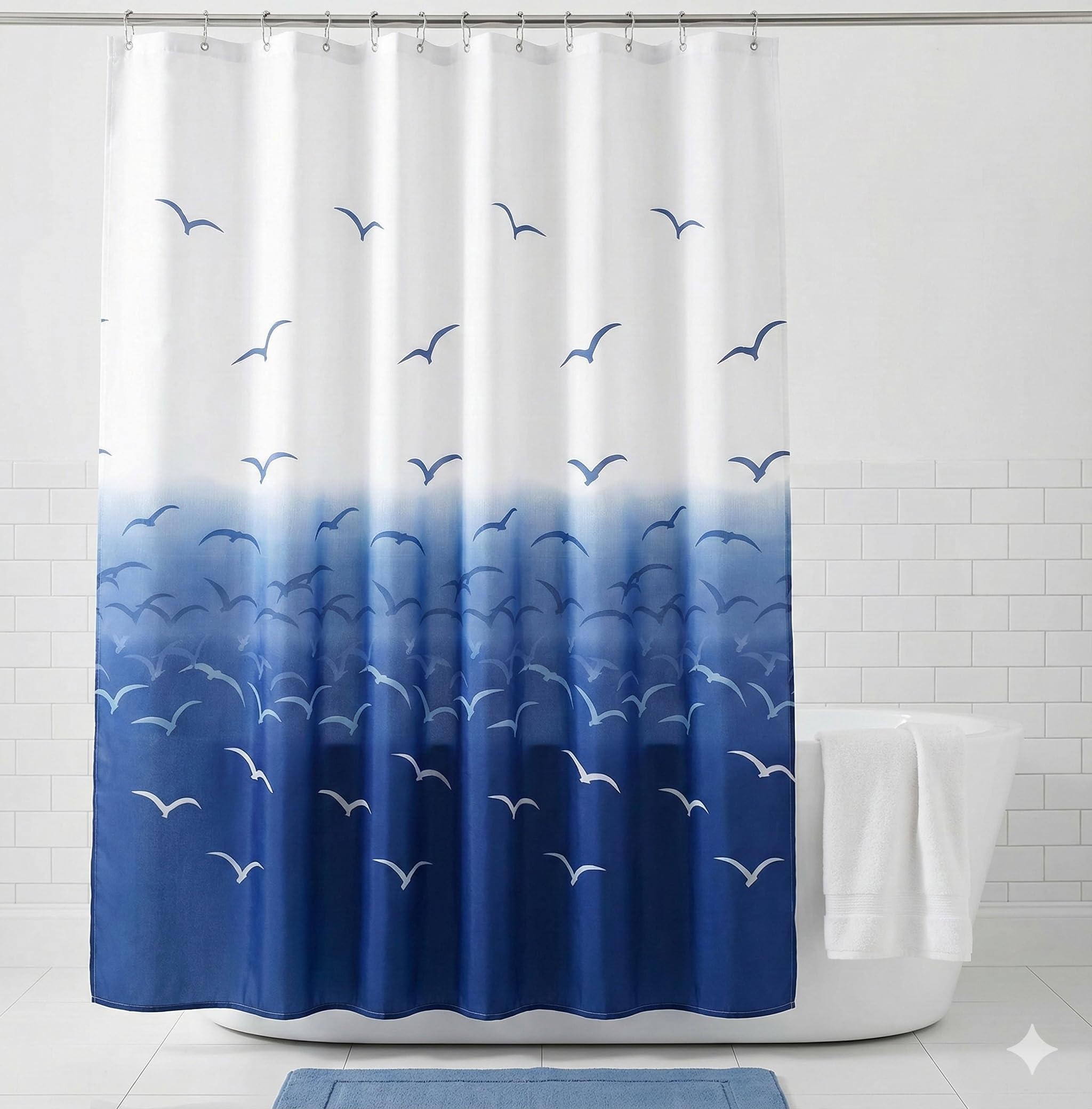 Kikzi® Luxury Hotel Quality Fabric Shower Curtain, Soft-Touch Woven Textile with 12 Hooks, Mould Proof & Water Repellent, 180x180cm, Machine Washable (Ombre Seagulls)
