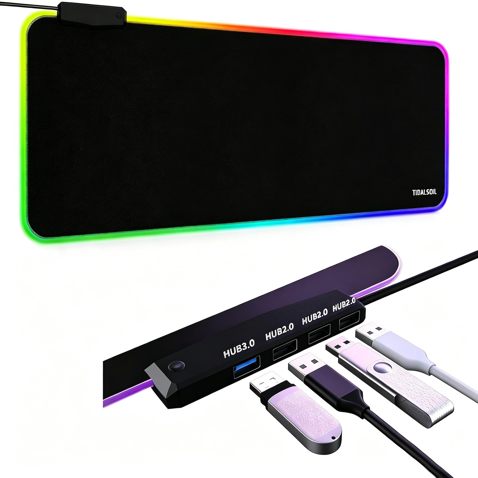 Gamingowa podkładka pod mysz RGB z koncentratorem USB, XXL, 800 x 300 mm, podświetlana podkładka pod mysz z 14 trybami oświetlenia, wbudowany rozdzielacz USB, antypoślizgowa, wodoszczelna podkładka na