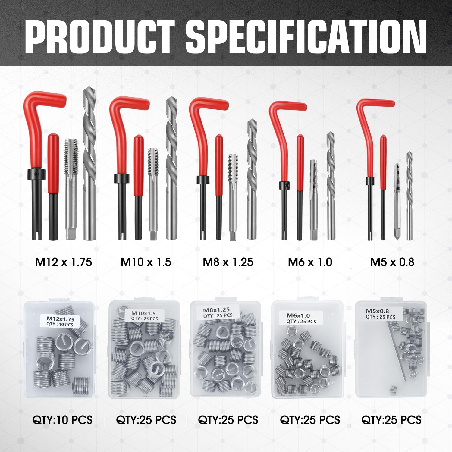 DNA MOTORING 261pcs Thread Repair Tool Kit, Metric SAE Heli Coil Thread Repair Kit HSS Drill Bits Inserts Taps, Rethreading Tools in 1/4" 5/16" 3/8" 7/16" 1/2" M5 M6 M8 M10 M12 Sizes, TOOLS-00716