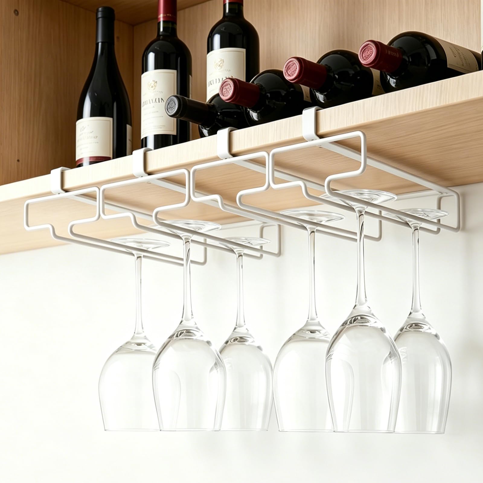 4 Pezzi Portabicchieri da Vino Sospeso Porta Bicchieri Sospesi in Metallo Supporto per Calici Vino Senza Foratura Porta Calici Sottopensile per Cucina Bar Ristorante (Bianco)