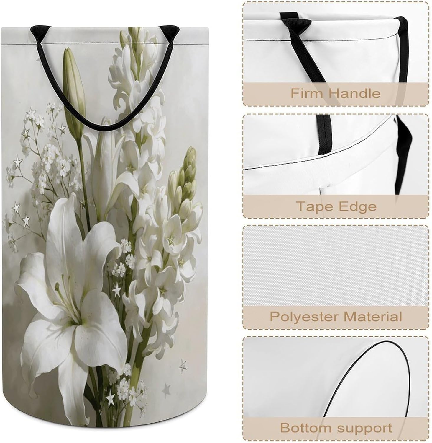 Flower Set White Laundry Hamper Portable Lightweight Clothes Hampers Fashion Dirty Laundry Storage Basket Large Capacity Foldable Clothes Baskets for Bathroom Bedroom