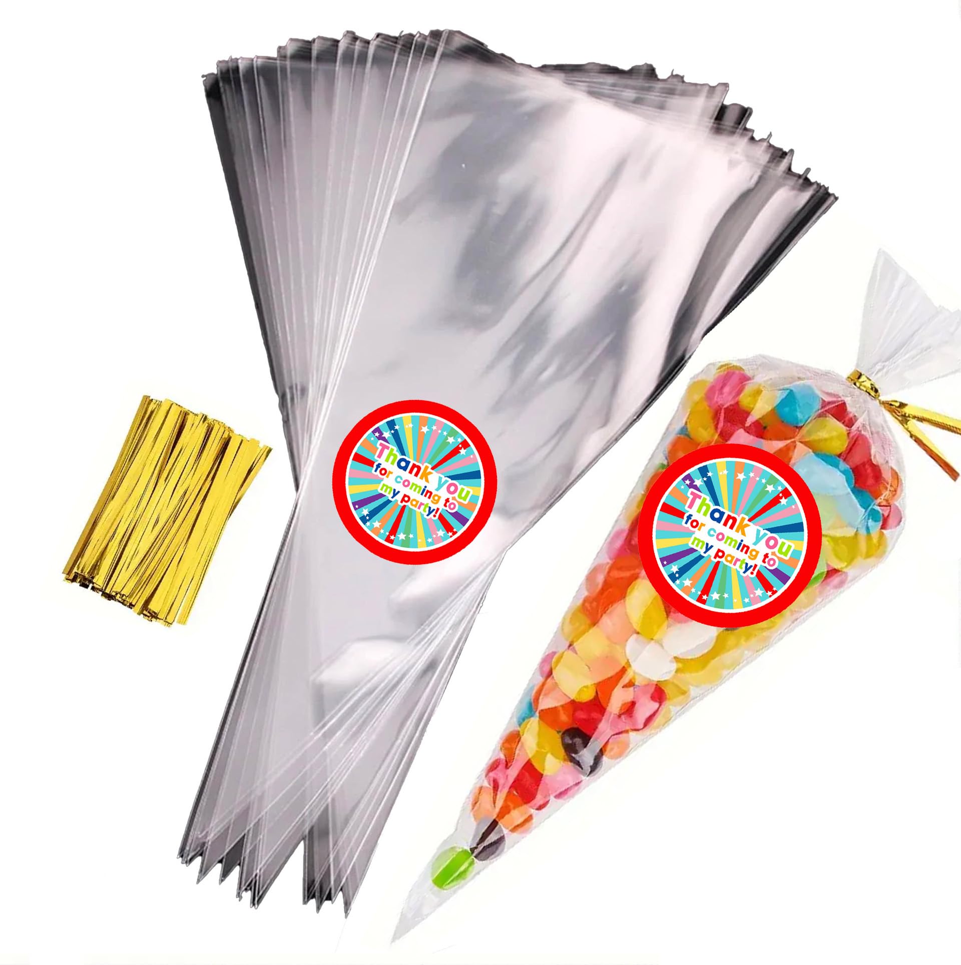 Sweet Cone Bags with Coloured Ties | Triangle Clear Cellophane Bags | Food Sweet Candy Popcorn Snacks | Brithday Baby Shower Fayres Events Festivals
