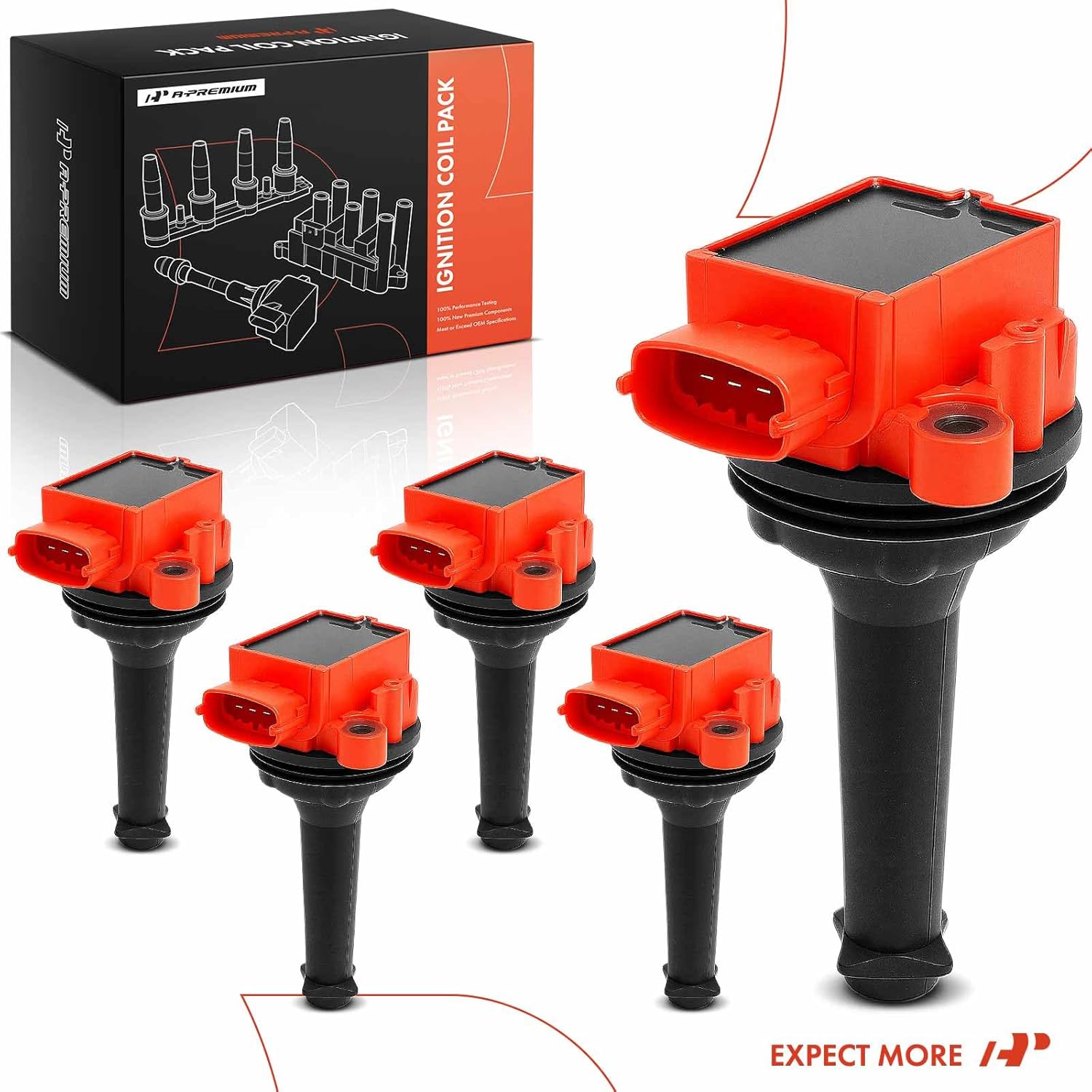 A-Premium Red Engine Ignition Coil Pack Compatible with Volvo XC60 2015-2016, S60 2004-2009 2012-2016, XC70 2007 2016, C70, V60, C30, S40, V50, S60 Cross Country, V60 Cross Country, V70, Set of 5
