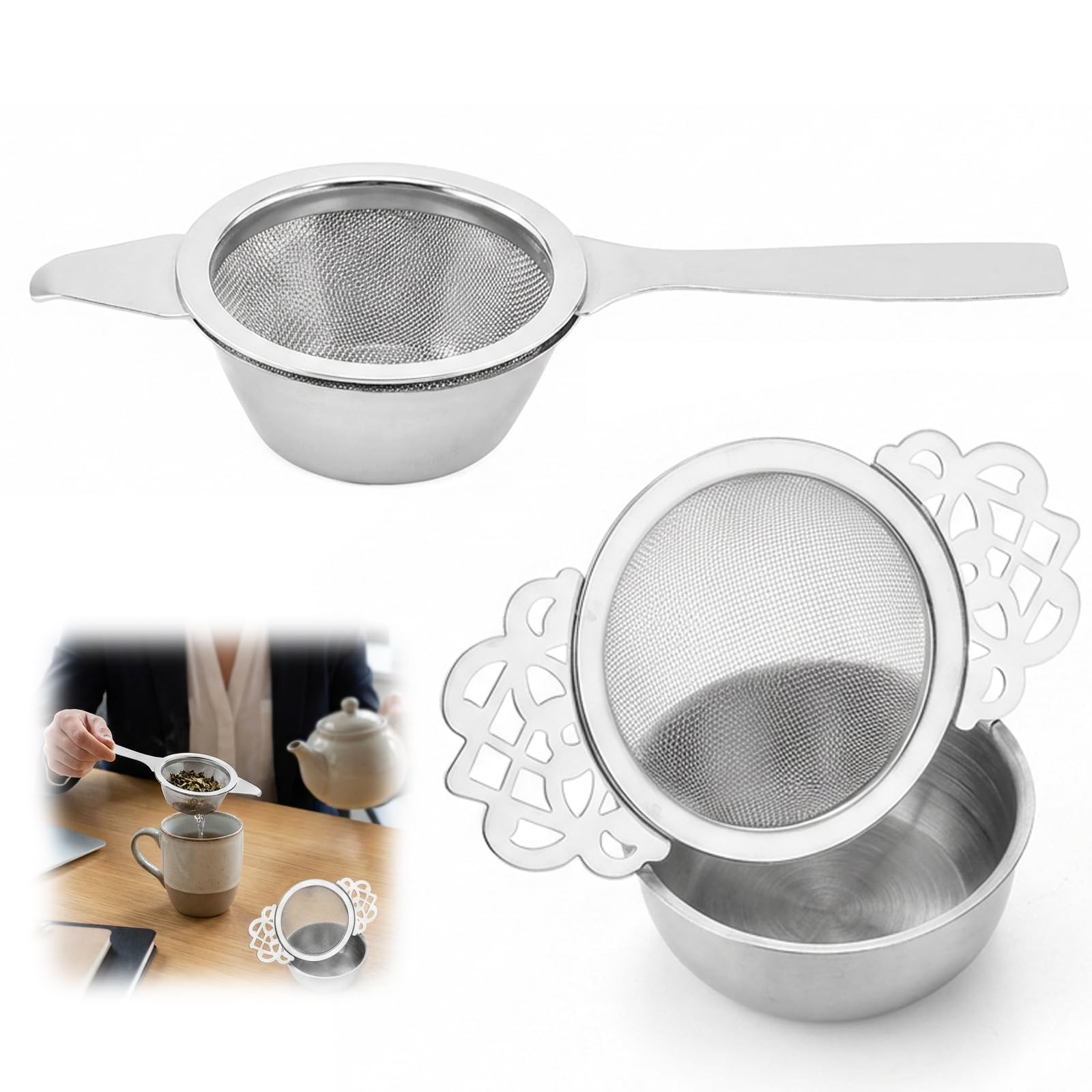 Tea Strainers for Loose Tea, Stainless Steel Tea Strainer with Drip Bowl, Fine Mesh Filter for Brewing Tea and Sifting Dry Ingredients, Double Handle Design 11.2 * 3 cm and 14.2 * 5.8 cm