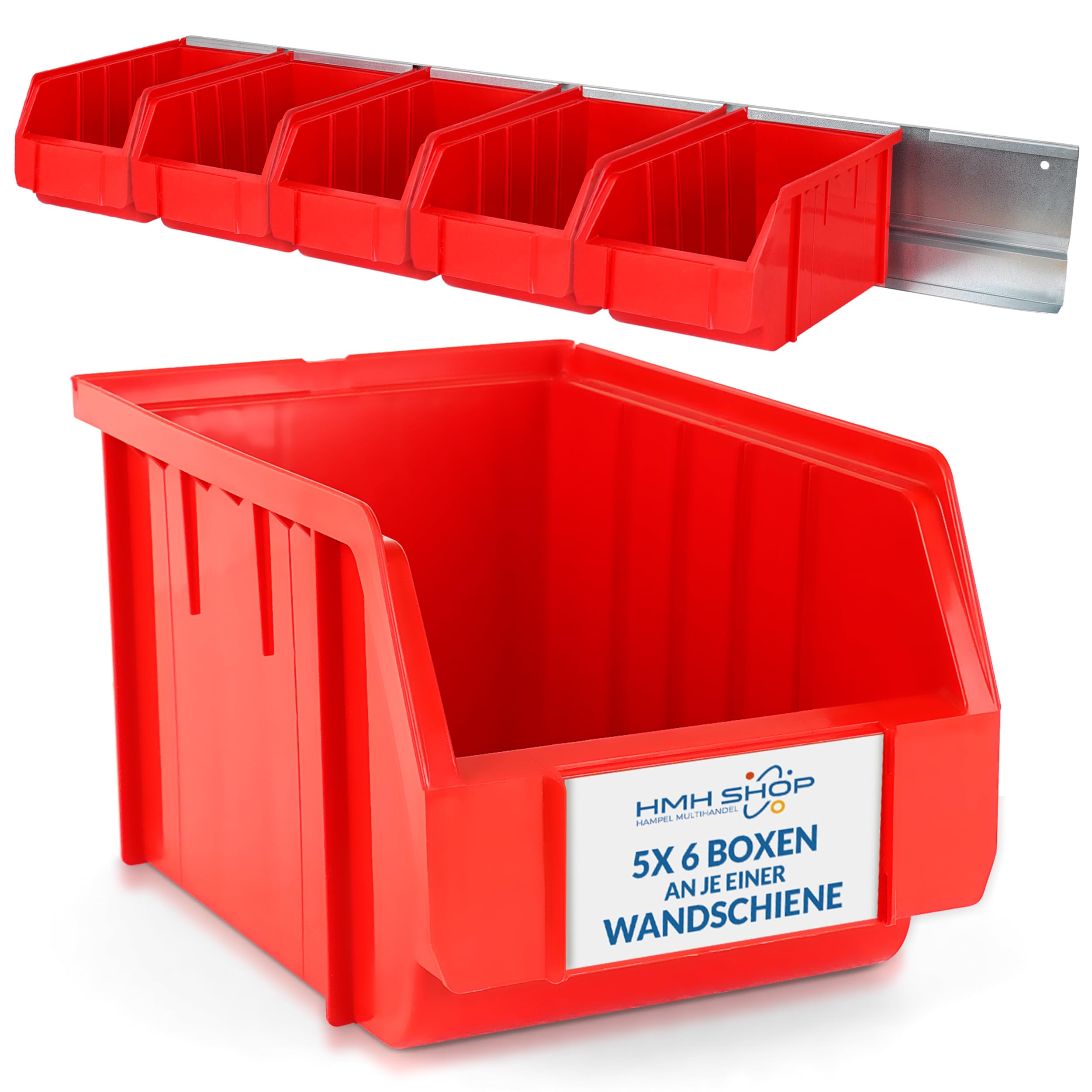 Stapelboxen der Größe M 230x150x130mm für dein Kleinteilelager Sichtlagerkästen in 5 Farben Zubehör wie Deckel Trennsteg Etikett Wandschiene Sortierkisten (6x Rot + Wandschiene, 5 Stück)