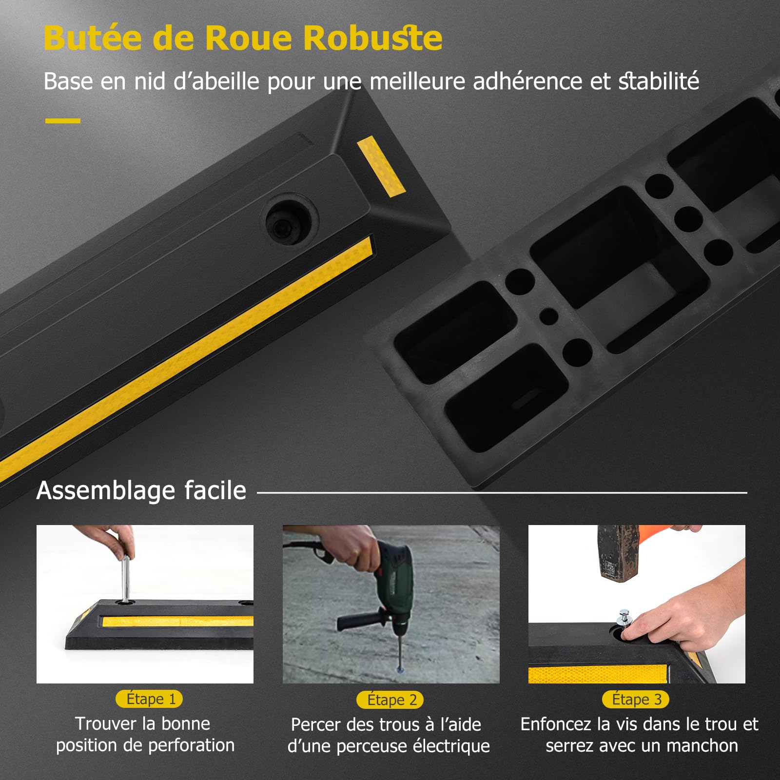 GOPLUS Lot de 2 Butées de Roue pour Stationnement De Véhicule, Caoutchouc Durable et Robuste, Bandes Réfléchissantes, Intérieur Extérieur, pour Pneus de Voiture, Camion, Camionnettes, pour Garage