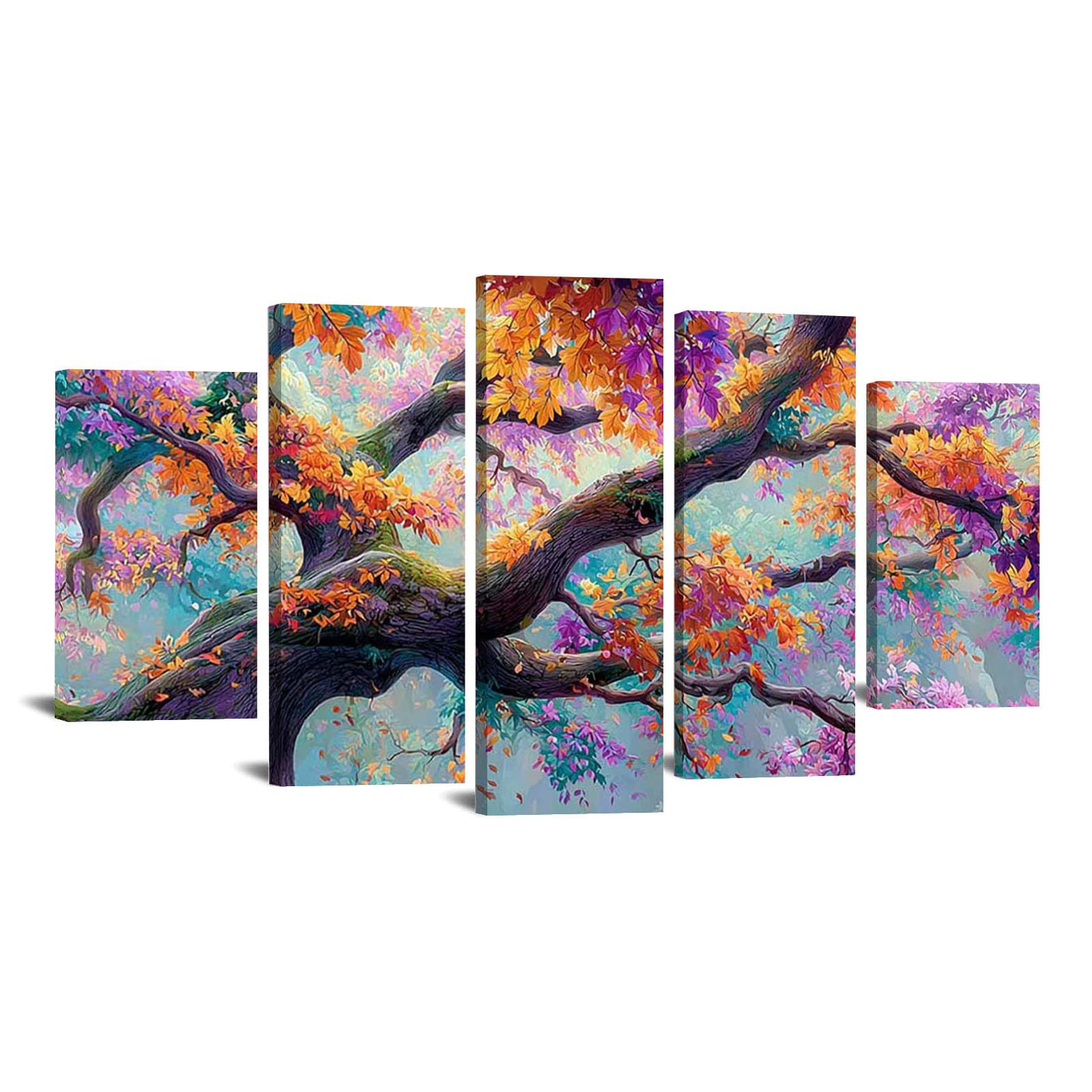 WIKEO Lot de 5 posters Arbre de vie Impression sur Toile Arbre Coloré et Magnifique Affiche- Moderne Abstrait Image Tableau -Decoration Murale Salon -Chambre -bureau(Orange)-100x200cm Encadrée