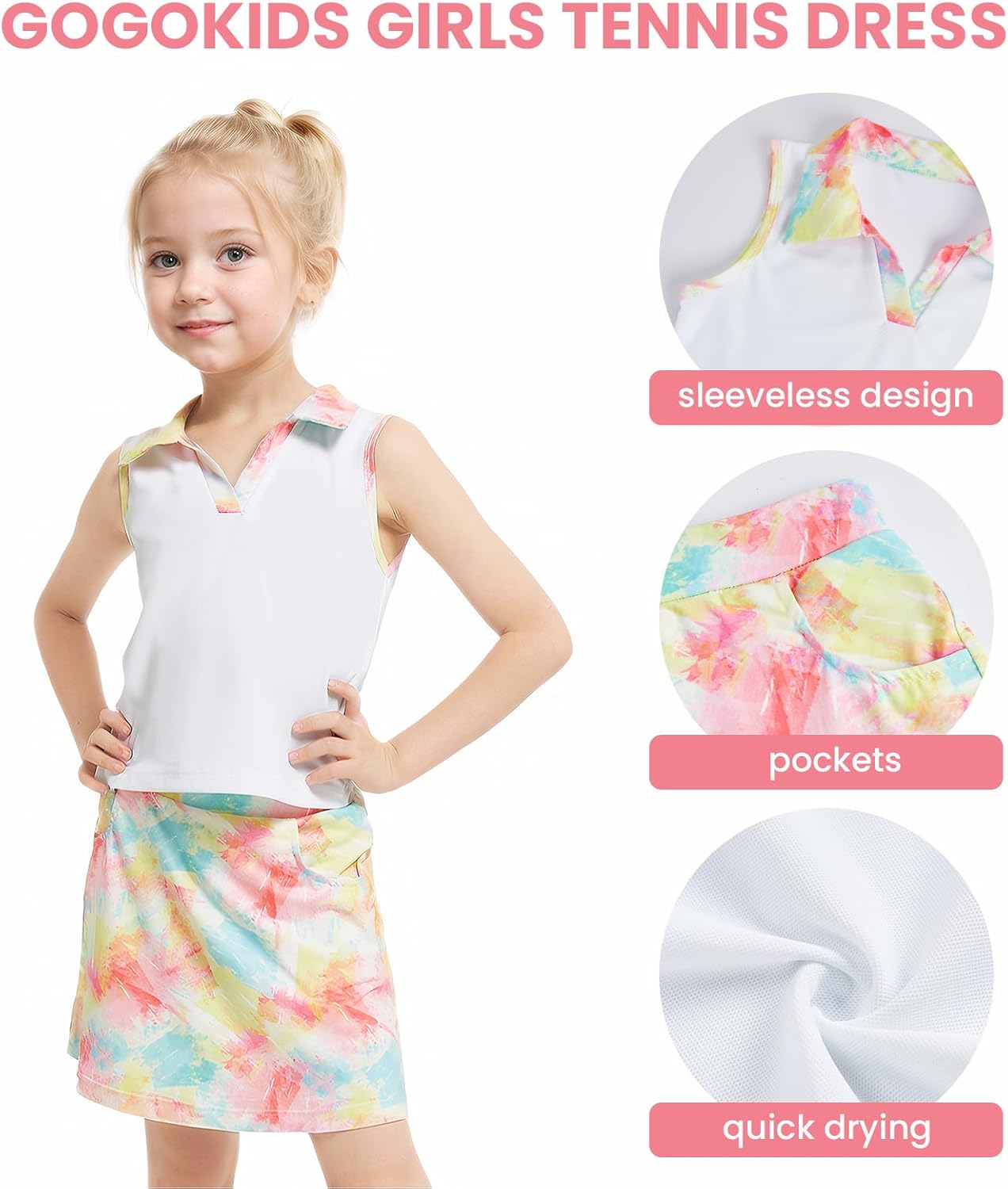 Gogokids Girls Tennis Dress with Shorts Golf Polo Tank Top and Skorts Sets with Pockets Athletic Workout Outfit Sets 6-14Y - Image 3