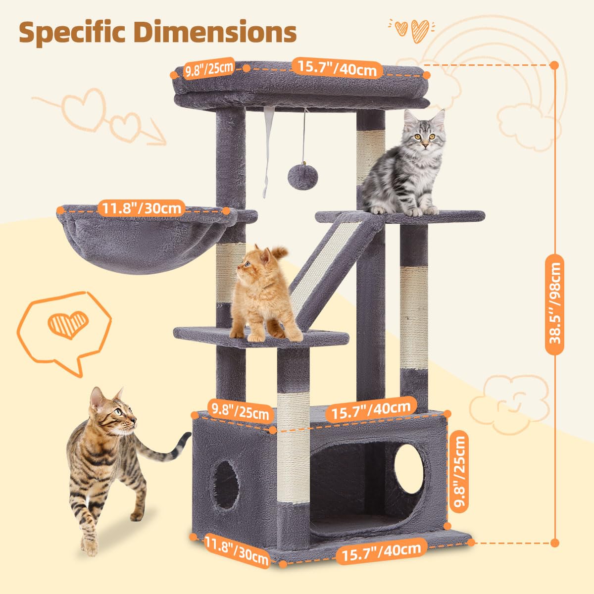 Taoqimiao Tiragraffi per Gatti, 98cm Stabile Albero Tiragraffi per Gattii con 1 Grotte, 1 Cestini, 4 Pali Graffiatoi, 1 piattaforme, Materiale di Flanella Morbida, Grigio Scuro MS029SG