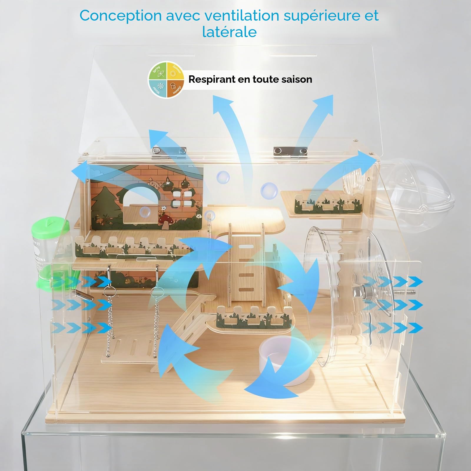 Cage en Bois pour Hamster, Habitat avec Vue à 270° | Une Cage à Hamster Bien Aérée, Avec Panneaux Acryliques Bien Visibles, Cage Ventilée pour Petits Animaux (Gerbilles, Cobayes)