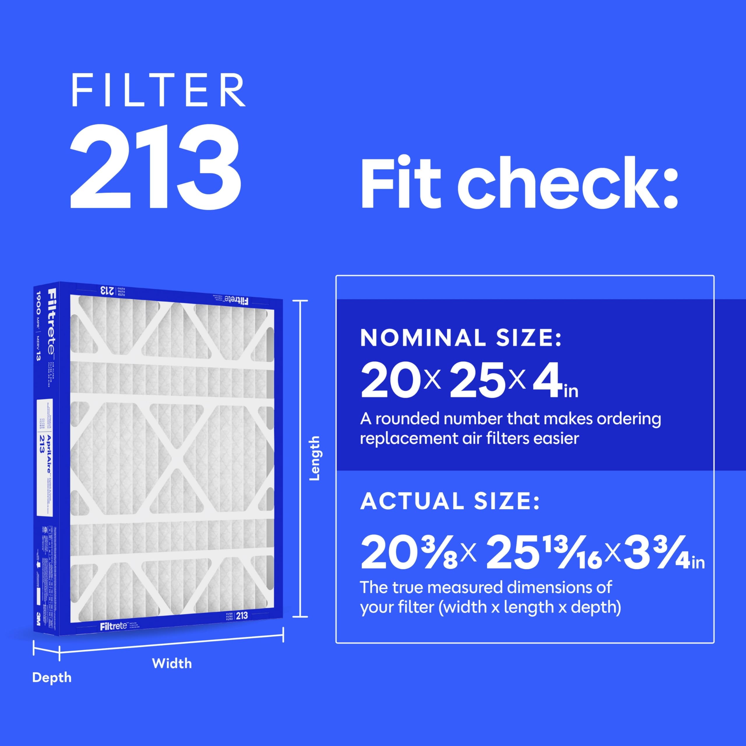 Filtrete AprilAire 213 Filtro de aire, filtros de repuesto AprilAire 213, MERV 13, MPR 1900, alérgenos, bacterias, virus y contaminantes del aire, filtro de aire acondicionado de 12 meses, aire más