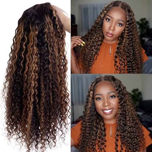 13x4x1 Curly Lace Front Wigs Human Hair Pre Plucked 150% Density Dark Brown Glueless Deep Wave Virgin Hair Wigs for Black Women Middle Part Highlights Blonde Wavy Lace Wig 26"