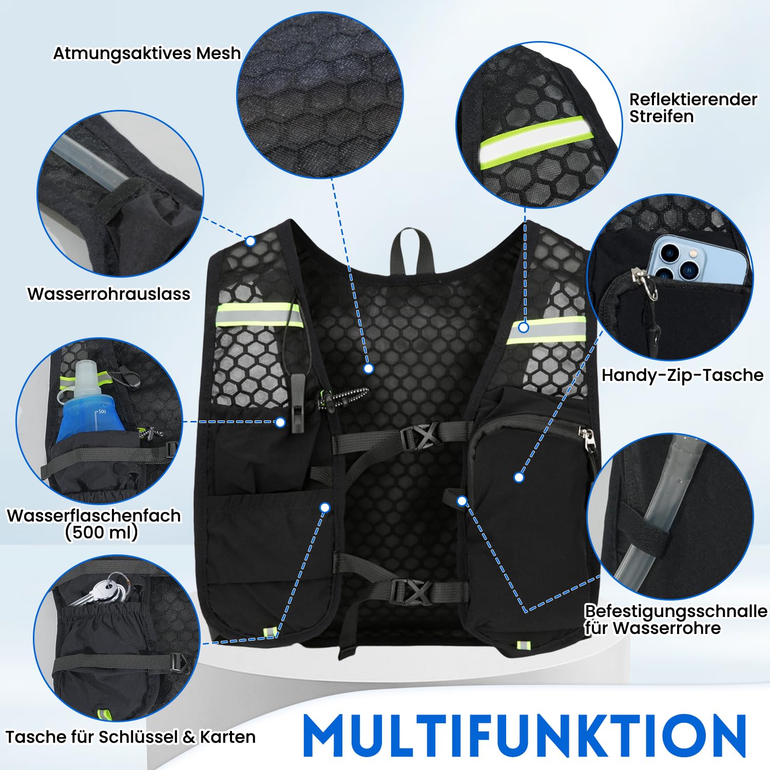 Laufweste mit Trinkblase 1,5L und Trinkflasche 500ml, Verstellbarer Ultra-Leichter Trinkrucksack für Damen und Herren, Funktionelle Laufrucksack für Marathons, Laufen, Radfahren, Wandern