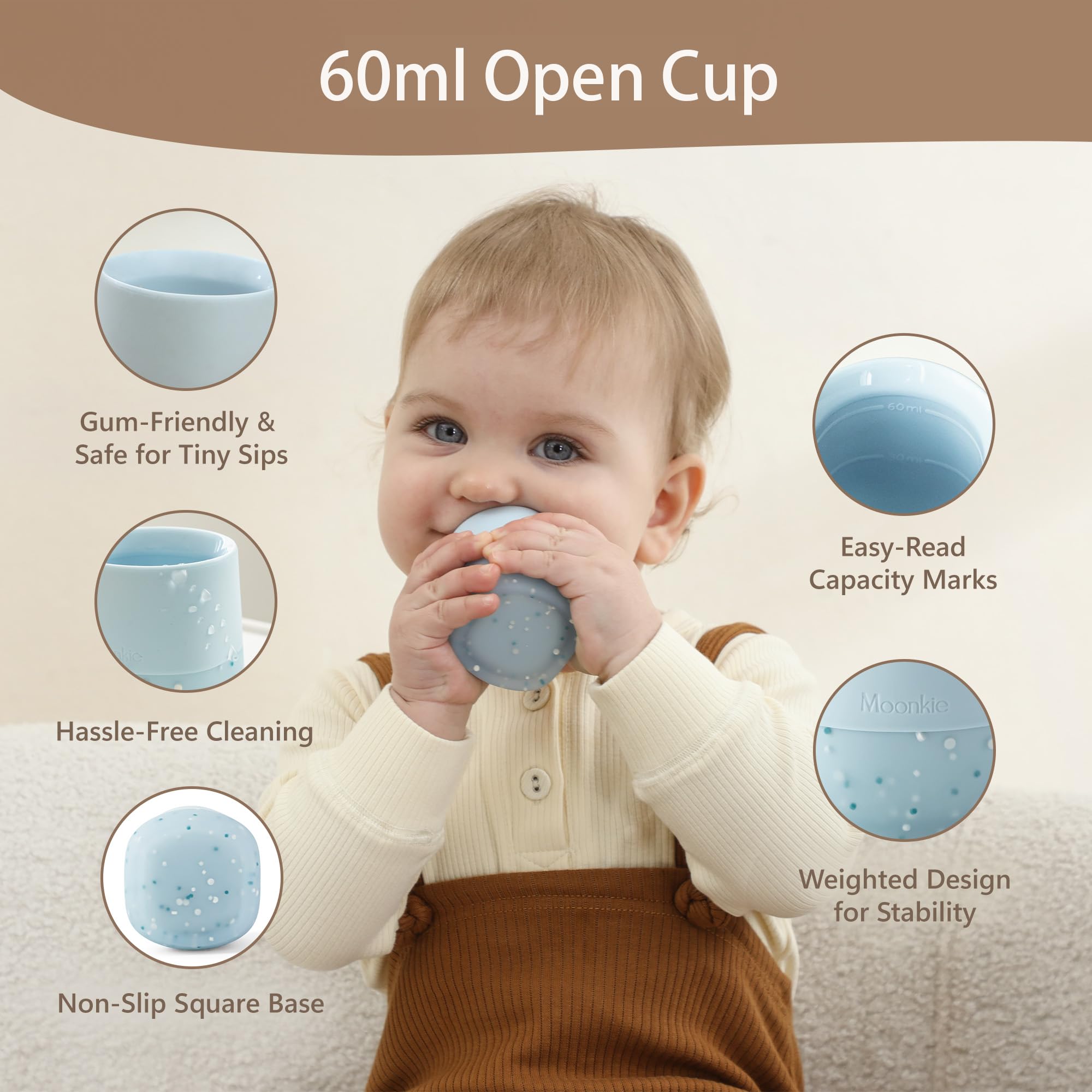 Moonkie Verre Bebe 60ml, Lot de 2 Gobelets en Silicone avec Base Lestée, Tasse Bebe Ouverte pour 4 Mois+, Sans BPA, Compatible Lave-Vaisselle & Micro-ondes(Éther/Menthe)