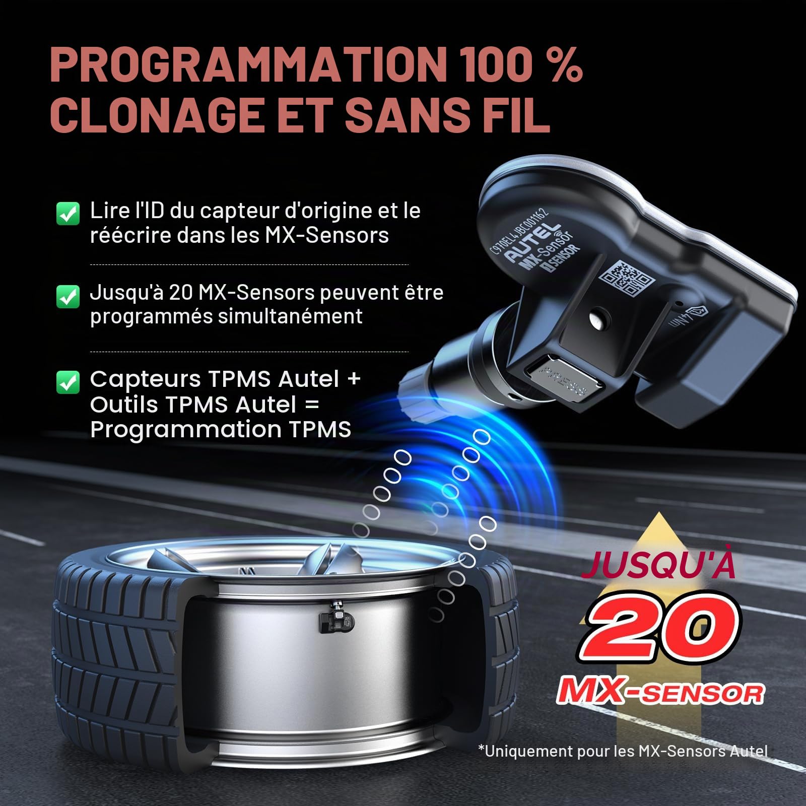 Autel TPMS Sensor MX-Capteur, Double Fréquence Capteurs TPMS pour 98% Voitures, Fonctionne avec TS408S TS508WF TS601 TS501 Pro, Niveau OE Programmable & Clonable TPMS Sensor (Valve en Métal, 4 Pièce)