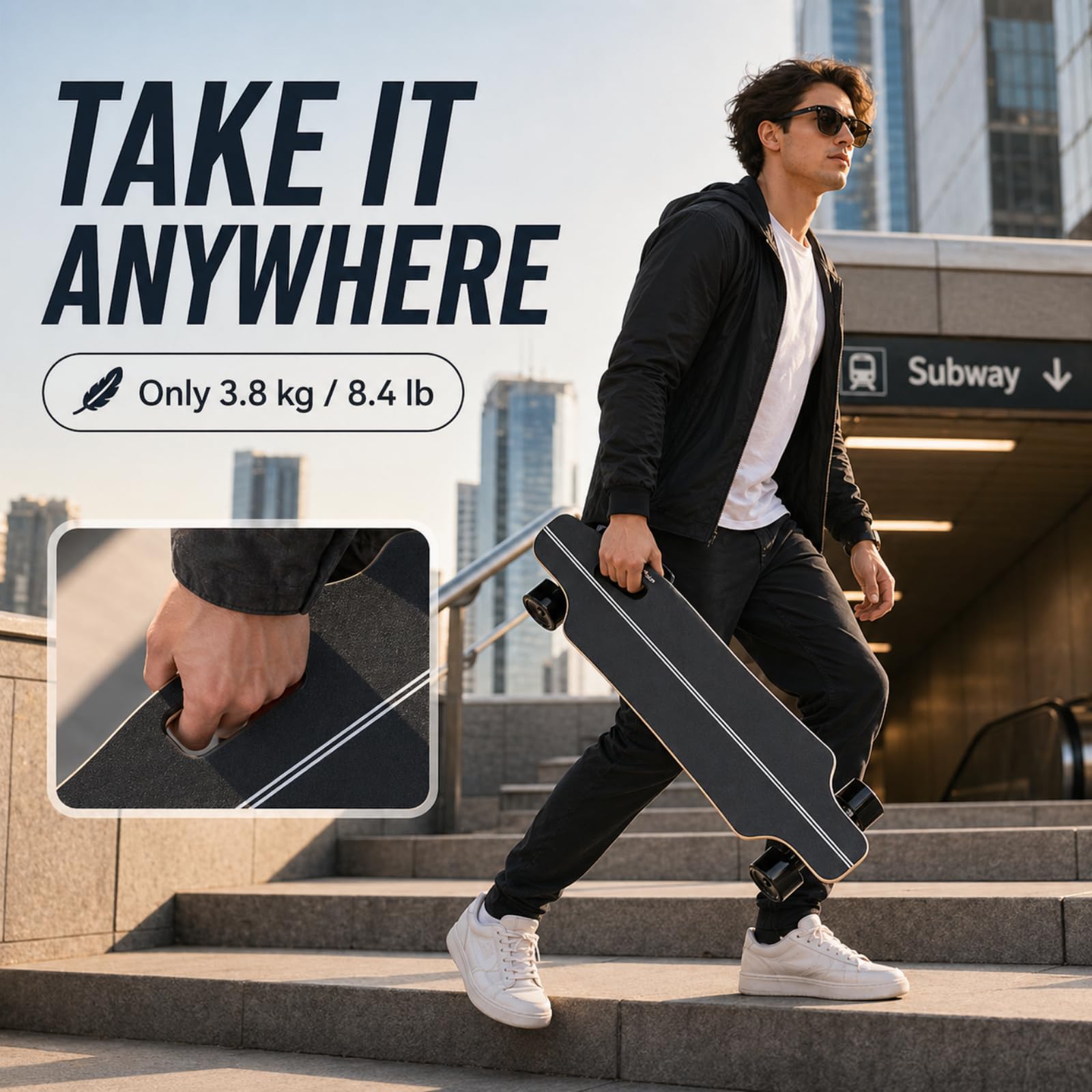 Skateboard Électrique Léger et Portable, Longboard Urbain | 8/15 km Autonomie, Idéal Débutant 8km