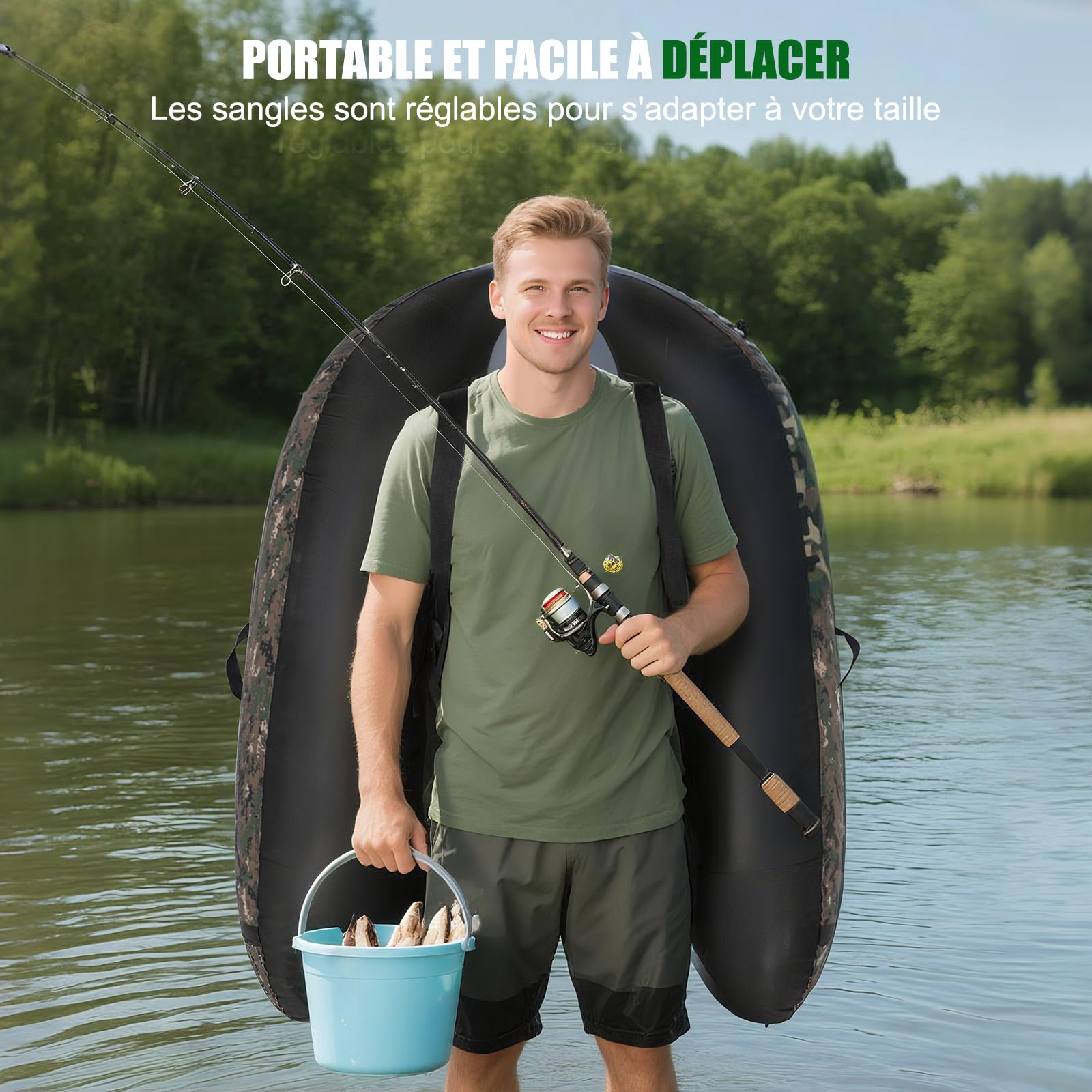 LEADZM Bateau de Pêche Gonflable Camouflage, Float Tube avec Pompe, Support de Canne Peches, Sangles Réglables, Sac de Rangement, Capacité de Charge 150 kg