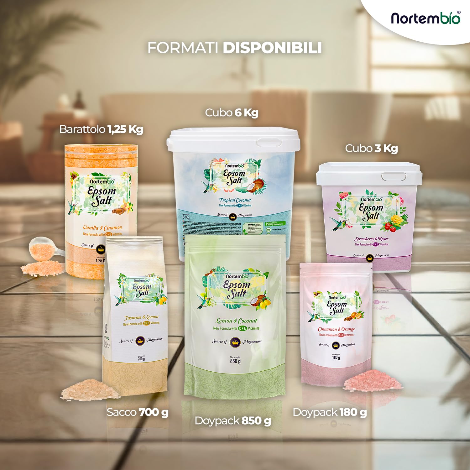 Nortembio Sali di Epsom 100% Fragranza Fragola e Rose 6 kg – Fonte Naturale di Magnesio | Con Vitamina C ed E Idratante | Per Bagni Rilassanti, Spa e Cura della Pelle + E-Book Gratuito