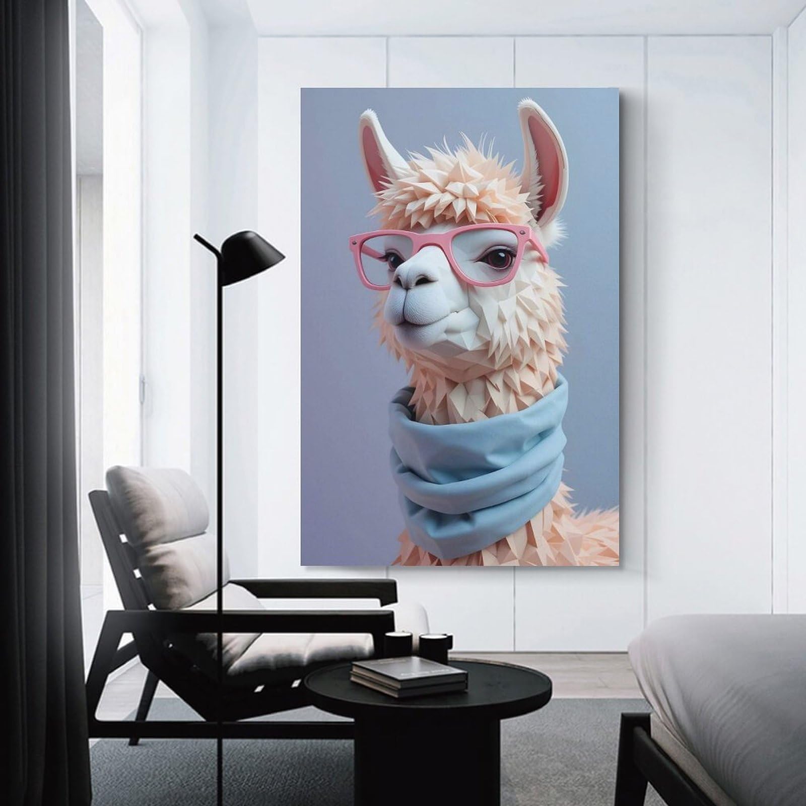 Junmoney Unframe-Style-11 Minimalist Polygonal Llama With Glasses And Scarf Room Decor Wall Art, 12X18inch(30X45cm), For Living Room, Bedroom, Office Or Hallway, Decorative Artwork With Broad Appeal