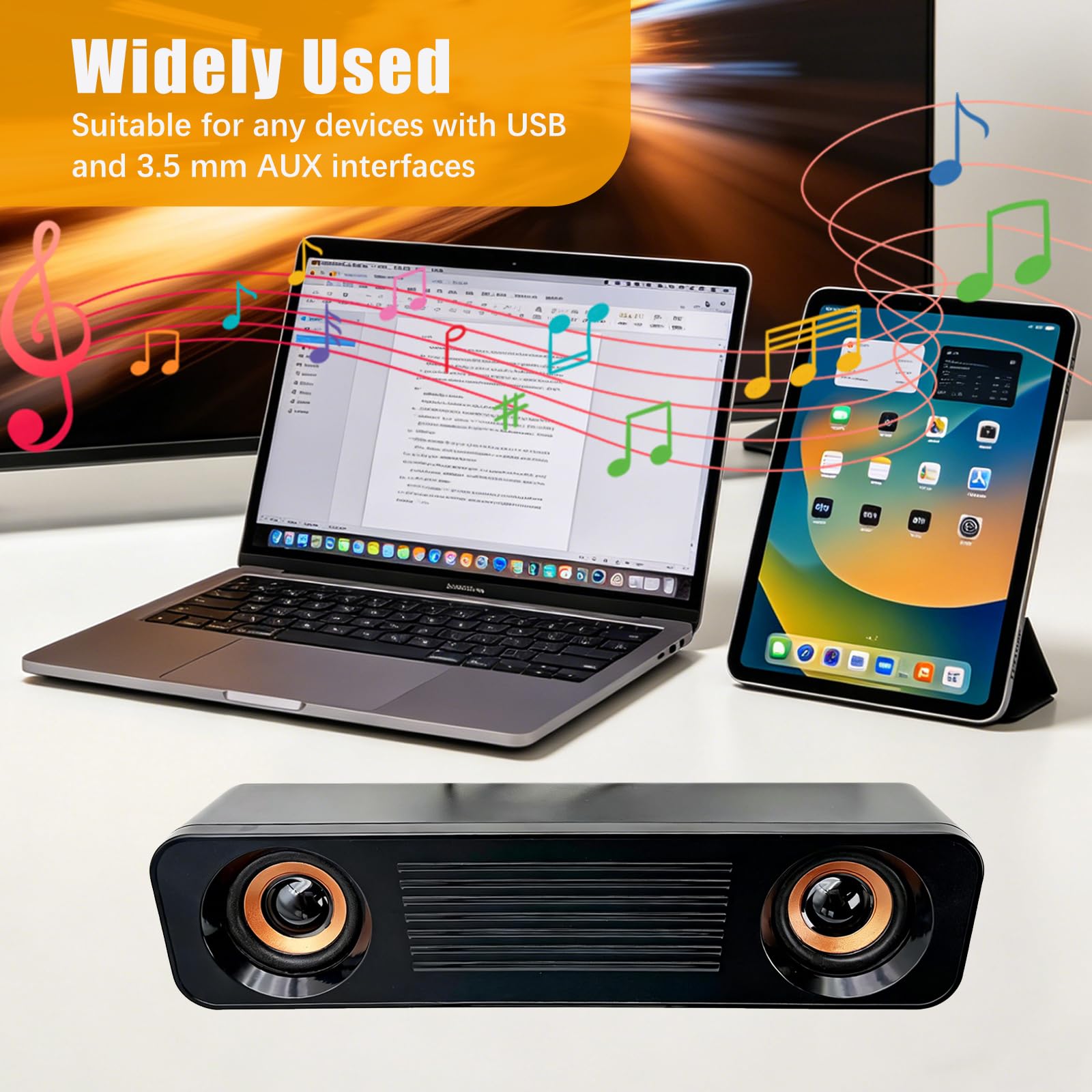 Soundbar do telewizora, zasilany przez USB, przewodowy soundbar z ulepszonym basem, kompaktowy głośnik multimedialny do komputera, laptopa i monitora biurkowego, czarny