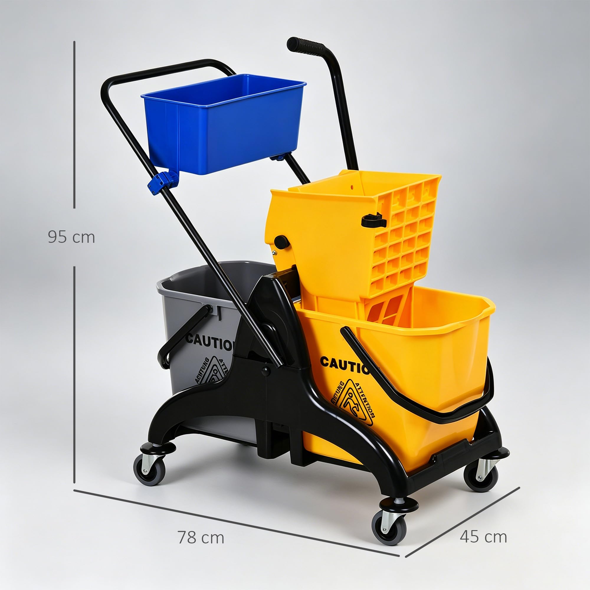HOMCOM Cubo de Fregona con Ruedas, 26 L, Cubo de Fregar con Sistema de Escurridor de Presión Lateral, Asa de Transporte y Doble Cubetas Separadas para Doméstico y Comercial, Amarillo y Azul