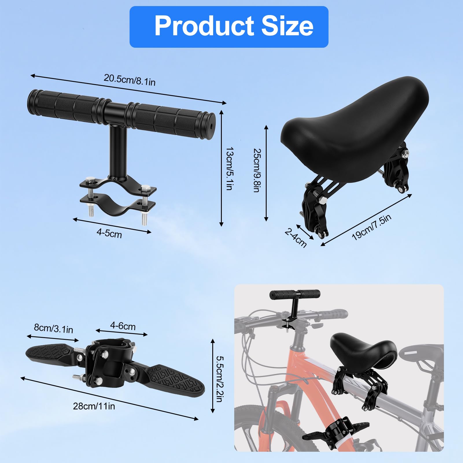 Seggiolino per Mountain Bike, Altezza Regolabile Seggiolini da Bicicletta Anteriori per Bambini con Manubrio e Pedale, seggiolino Bici Anteriore per Corse Quotidiane e Viaggi Brevi