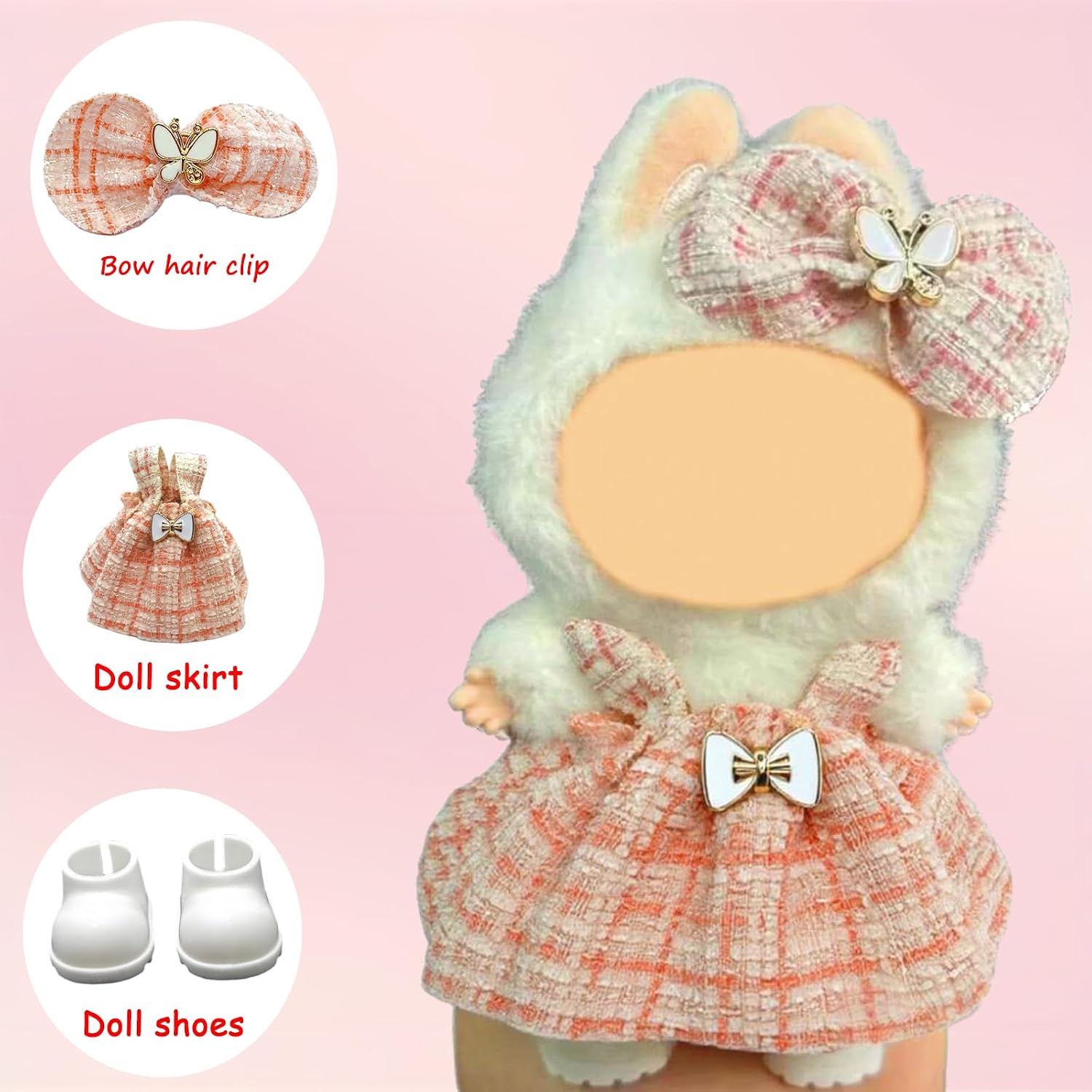 3Pcs Doll Clothes Set for labubu - Compatible with 6.7inch 17cm Dolls Only, Premium Dolls Outfit with Accessories, Hairpin, Skirt, Shoes (Pink Skirt Set) image 2