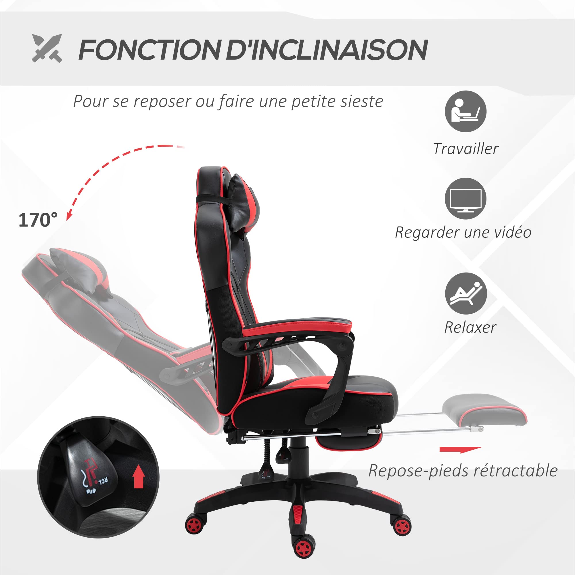 Vinsetto Chaise Gaming Ergonomique, Fauteuil de Bureau, Noir et Rouge