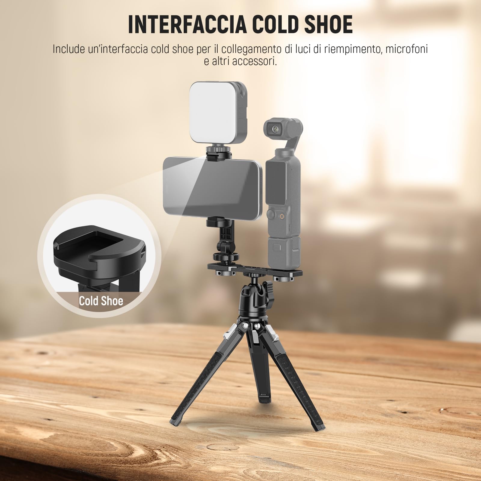 NEEWER Supporto Telefono Compatibile con DJI Osmo Pocket 4 & Pocket 3, Accessori Espansione Portatelefono con Filetto 1/4" per Treppiede e Asta di Prolunga, Cold Shoe per Mini Luce Video Mic, AC021