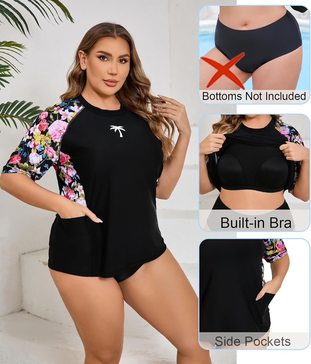 Halcurt Women's Plus Size Rash Guard Short Sleeve Swim Shirt with Built in Bra UPF50+ Sun Protection Swimsuit Top