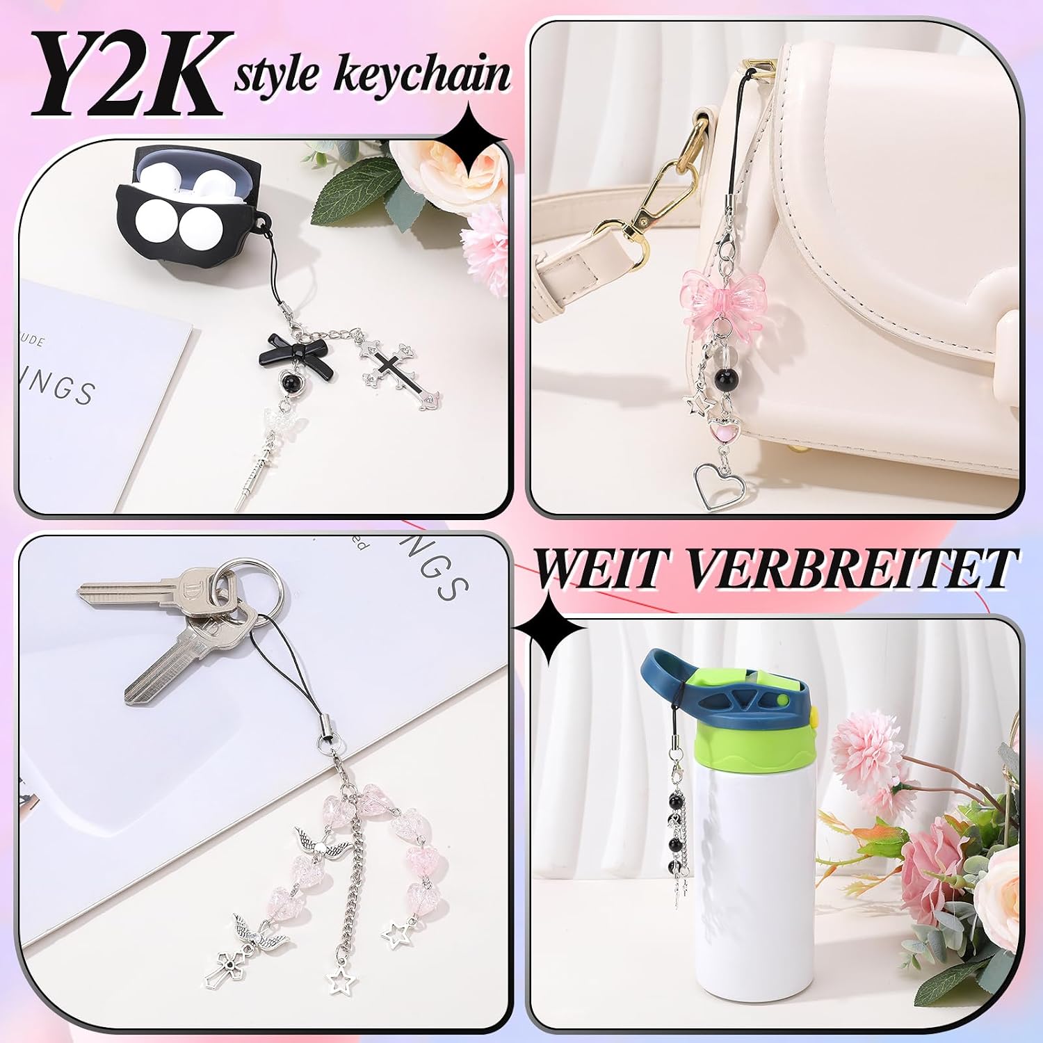 JATEBI 4 Pack Y2K Cute Phone Charms with Patches Star Heart Butterfly Cross PhoneCharm Y2K Accessories for Phone Bag Keychain Camera Pendants Decor