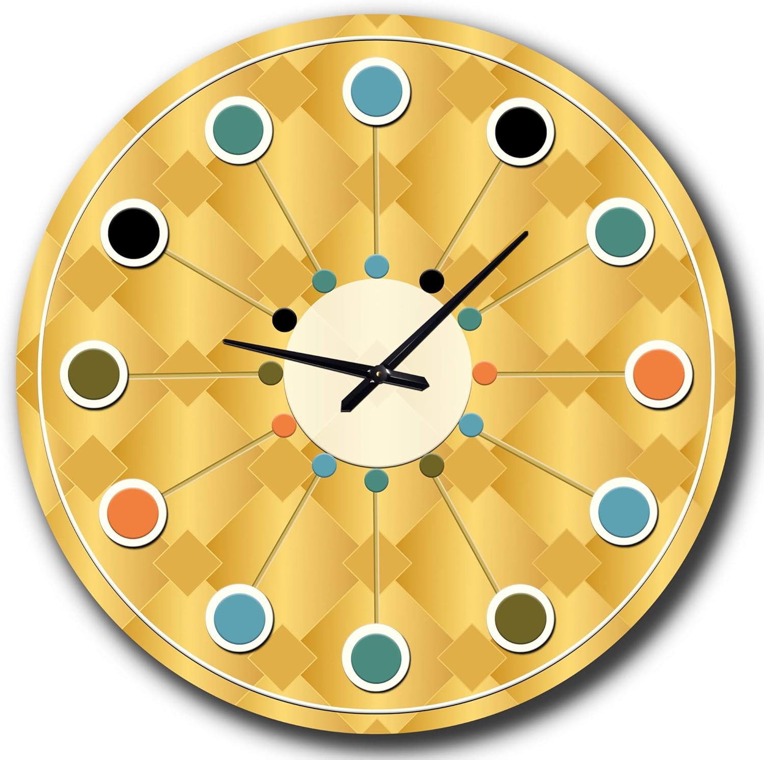 Mid-Century Modern Wall Clock 'Golden Geometric I' Yellow Round Wall Clock for Bedroom Decor