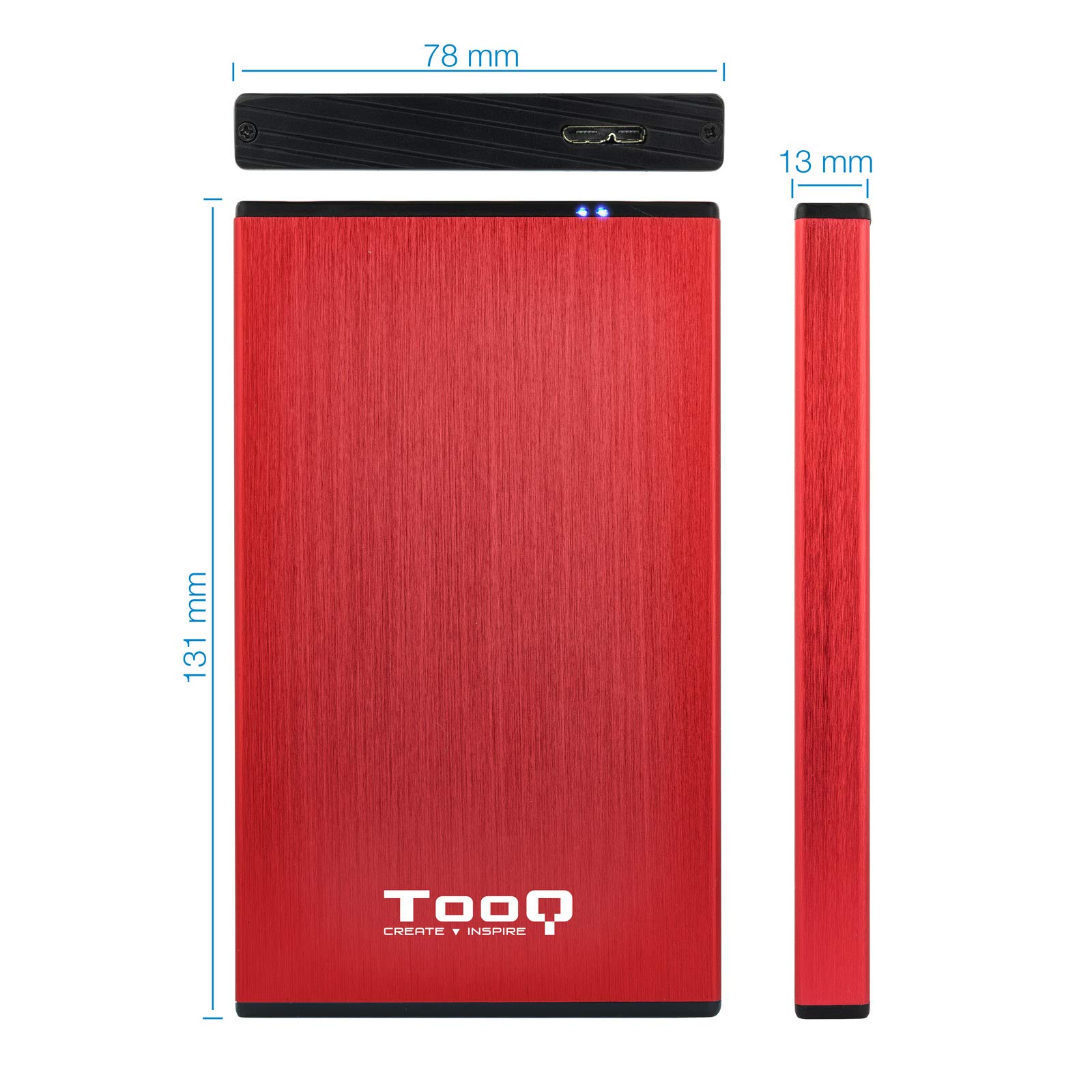 TOOQ TQE-2527R - Custodia per dischi rigidi HDD da 2,5", (SATA I/II/III fino a 9,5 mm di altezza, USB 3.0), alluminio, indicatore LED, rosso, 50 g.