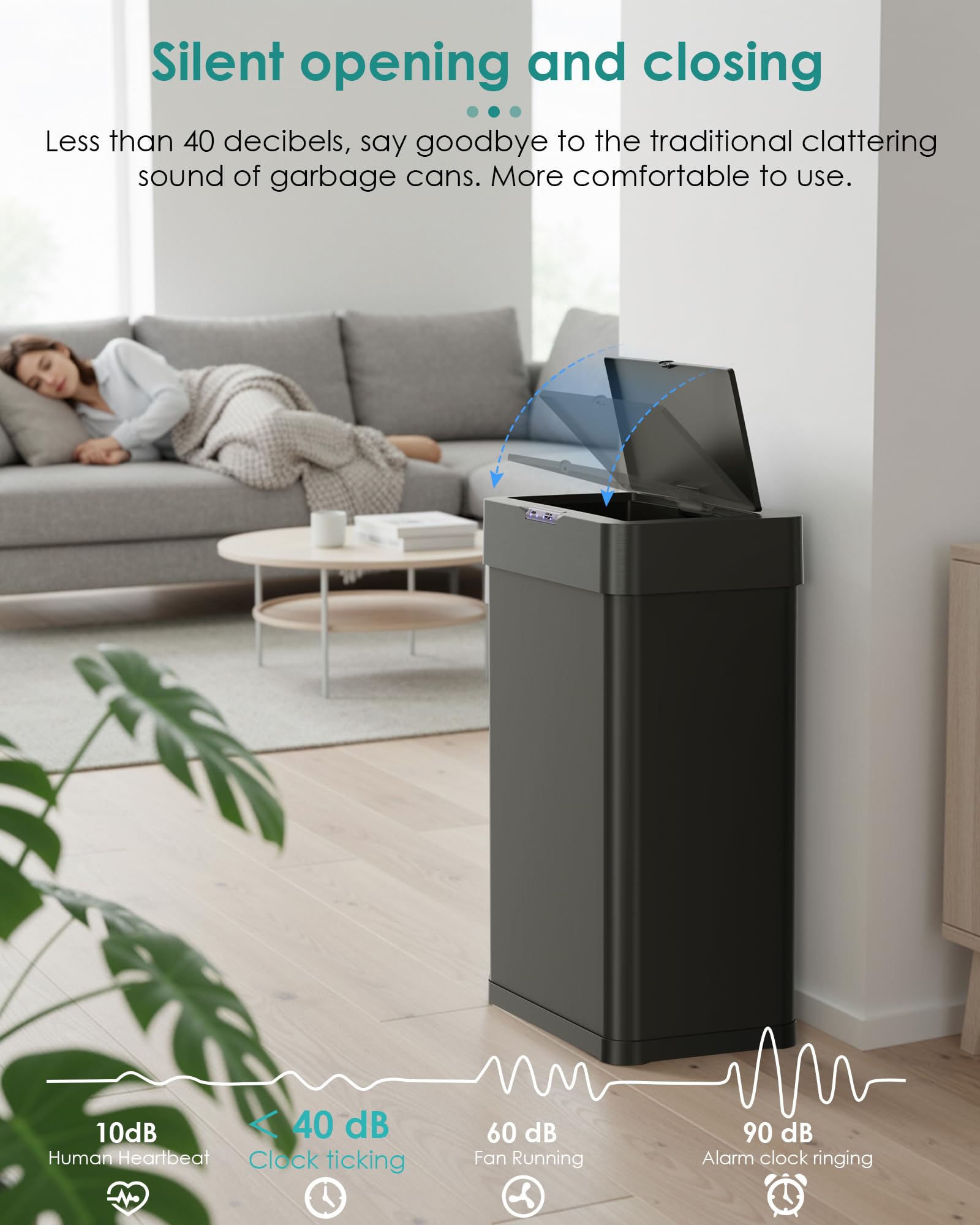 LIFERUN Mülleimer mit Sensor 50l, Mülleimer Küche 50 Liter,schwarz | automatischer Abfalleimer, Öffnen per Handbewegung oder Berühren, Softclose-Deckel, aus Edelstahl