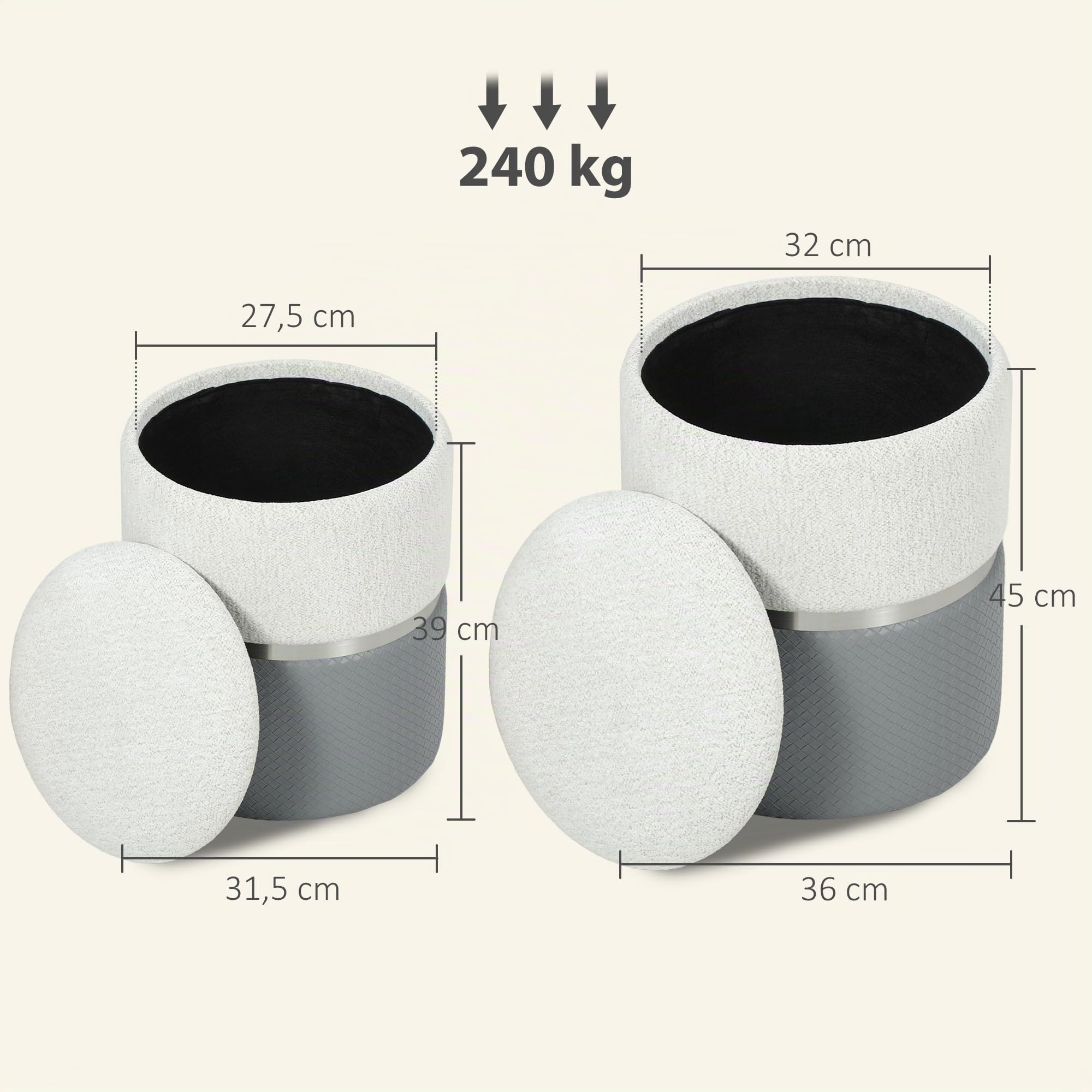 HOMCOM Lot de 2 poufs de Rangement, Gris et crème