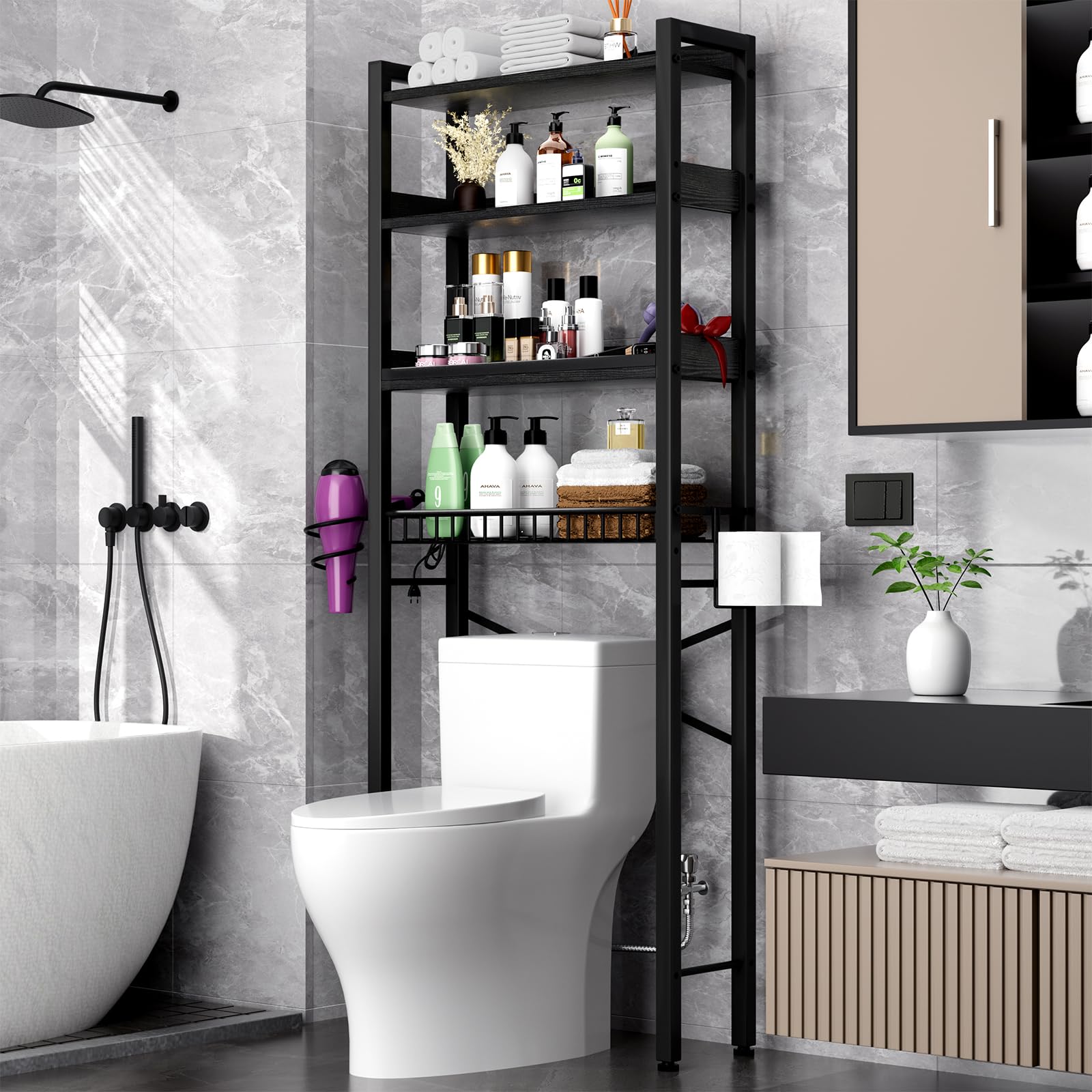 Over The Toilet Storage Cabinet,4 Tier Bathroom Organizer and Storage With Adjustable Shelf Waterproof Feet Pad and Basket Multifunctional Space Saver Freestanding Bathroom Shelves With Dividers Black
