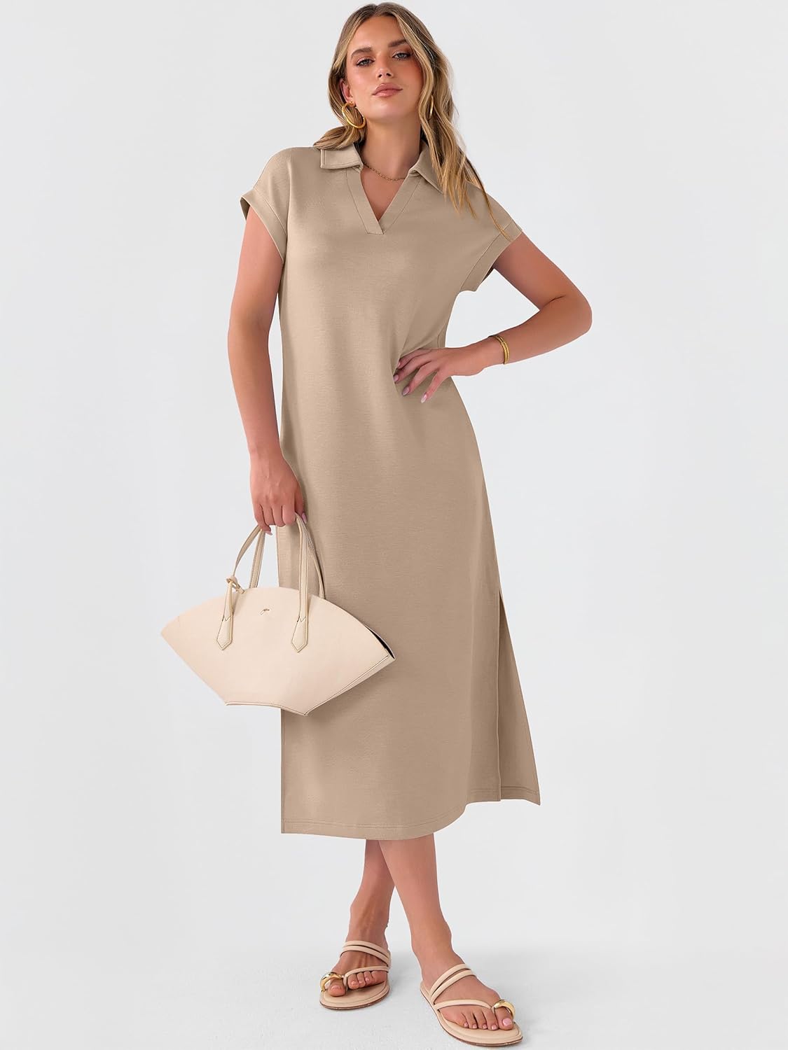 ANRABESS Womens Summer Casual Midi Dresses Short Sleeve Polo V Neck Loose Split Wrinkle-Free Beach Vacation Tshirt Maxi Dress - Image 7