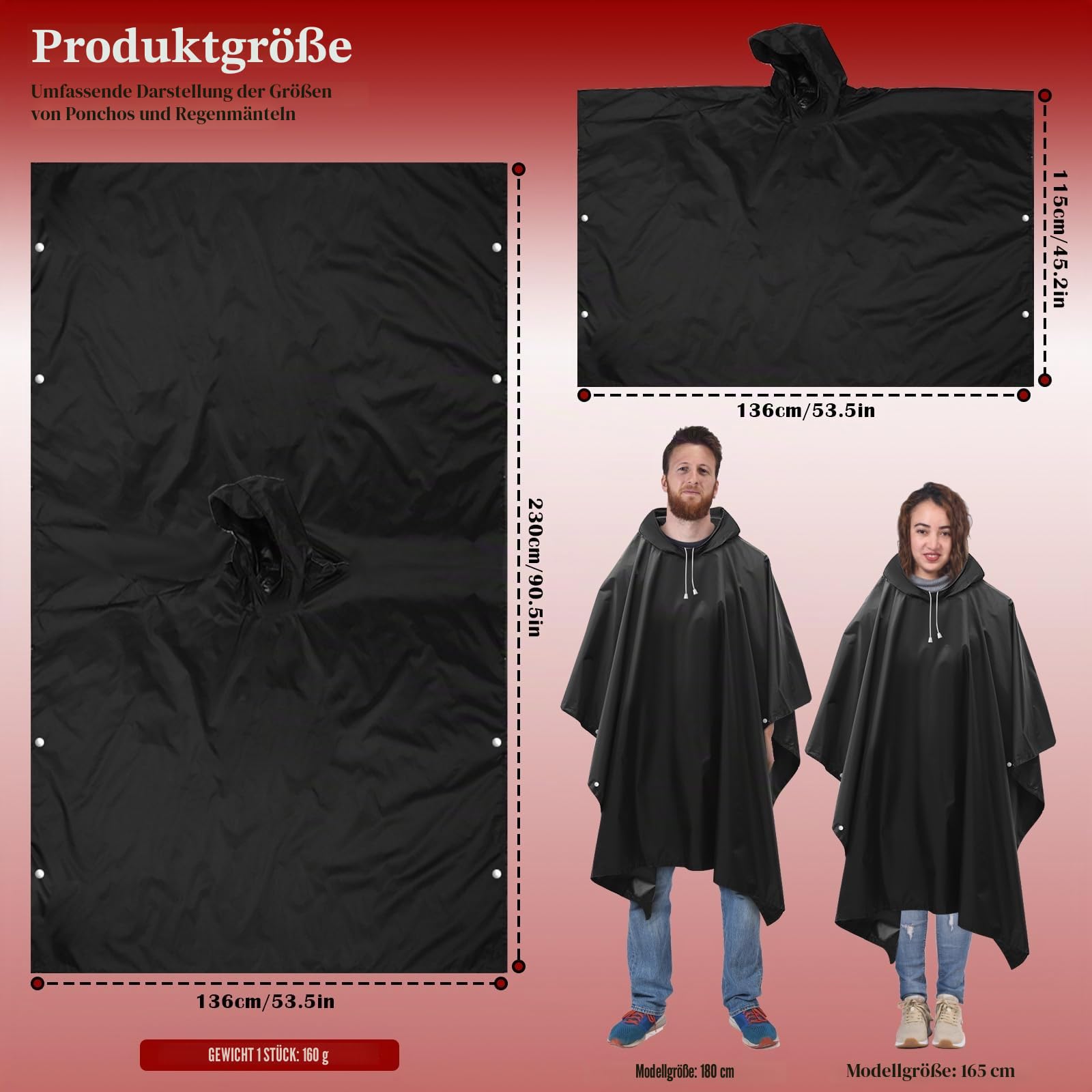 CHGANG Regenponcho Wasserdicht Regenjacke 2 Stück für Herren Damen, Eva Leicht Regencape Regenschutz Wiederverwendbarer mit Kapuze für Festivals, Camping, Wandern, Reisen, Einheitsgröße (Schwarz)
