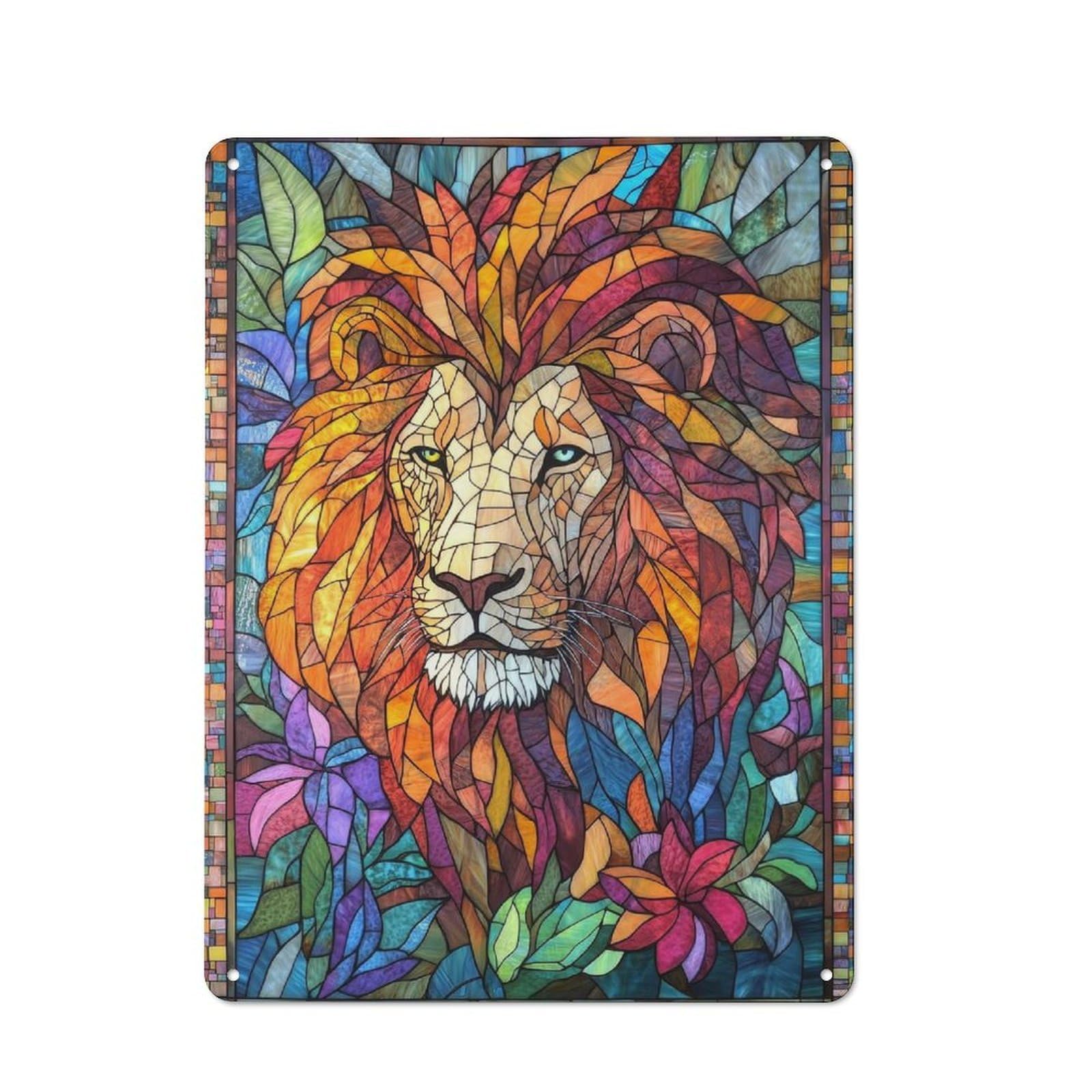Junmoney Stained Glass Lion Metal Wall Sign With Design 40X30cm, Clean Industrial Studio Wall Art For Loft, Studio, Office Or Creative Room
